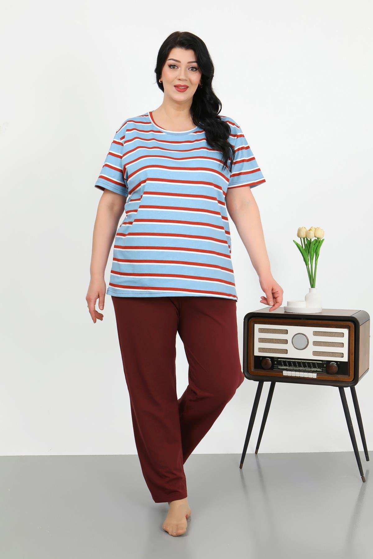 Akbeniz Kadın Büyük Beden Kısa Kol Penye Pijama Takımı Mavi 202505