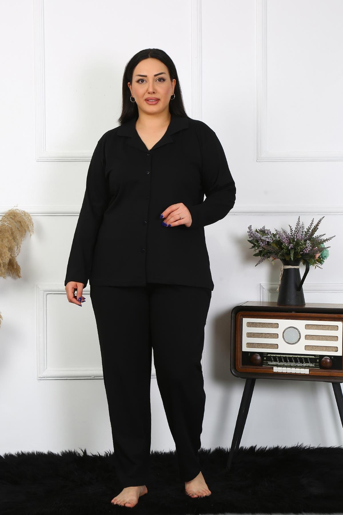 Akbeniz Kadın Büyük Beden Pamuklu Cepli Düğmeli Siyah Pijama Takım 202401