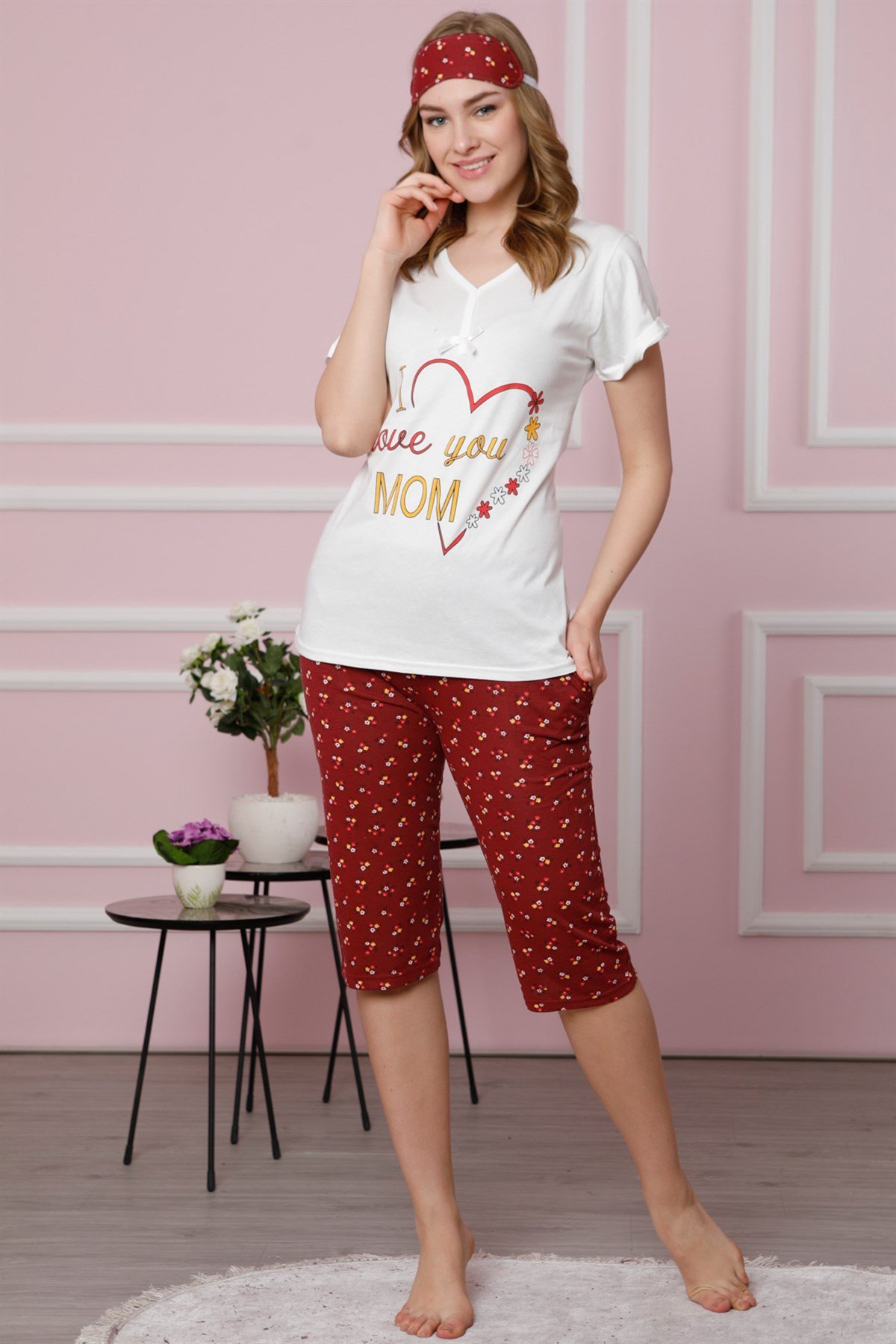 Akbeniz Kadın Ekru Pamuklu Cepli Kapri Pijama Takım 3515