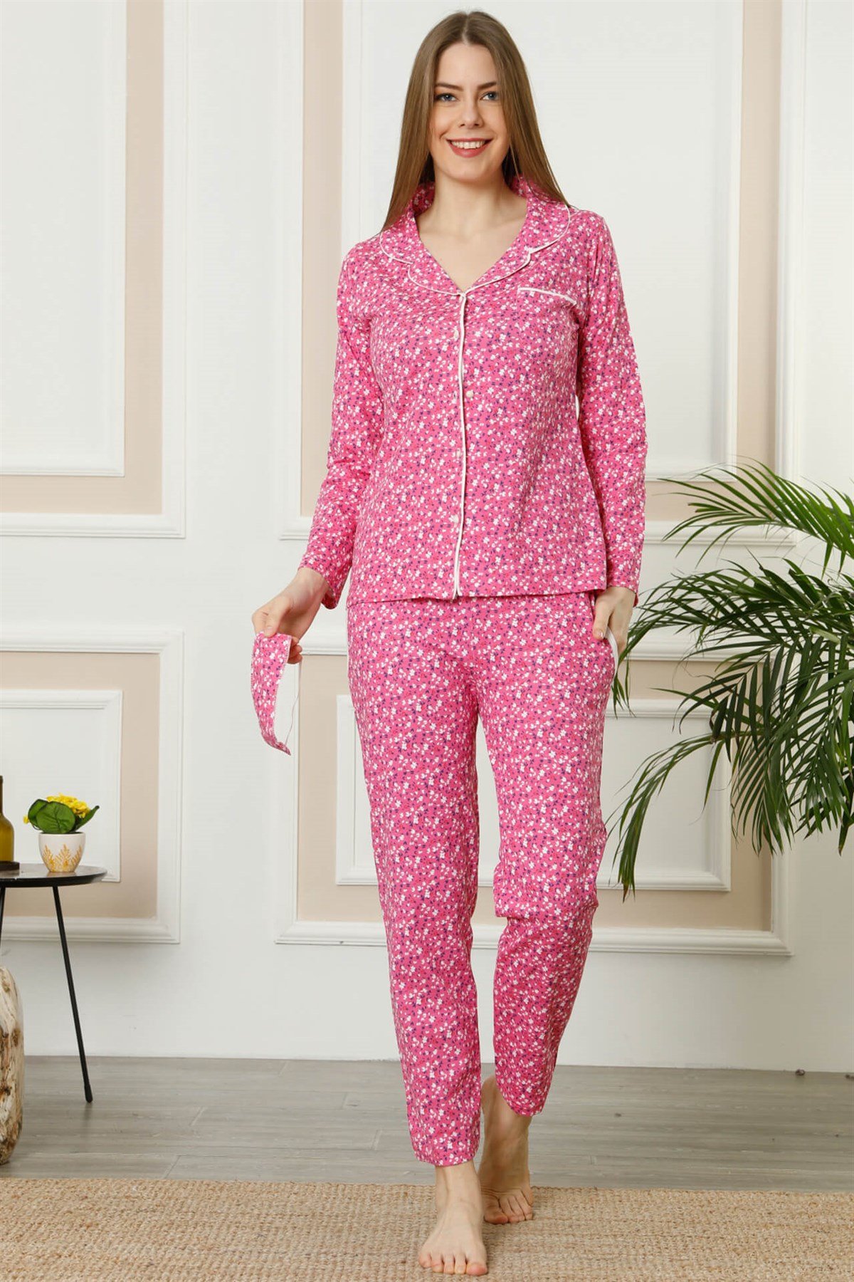 Akbeniz Kadın Fuşya Pamuklu Düğmeli Cepli Uzun Kol Pijama Takım 2458