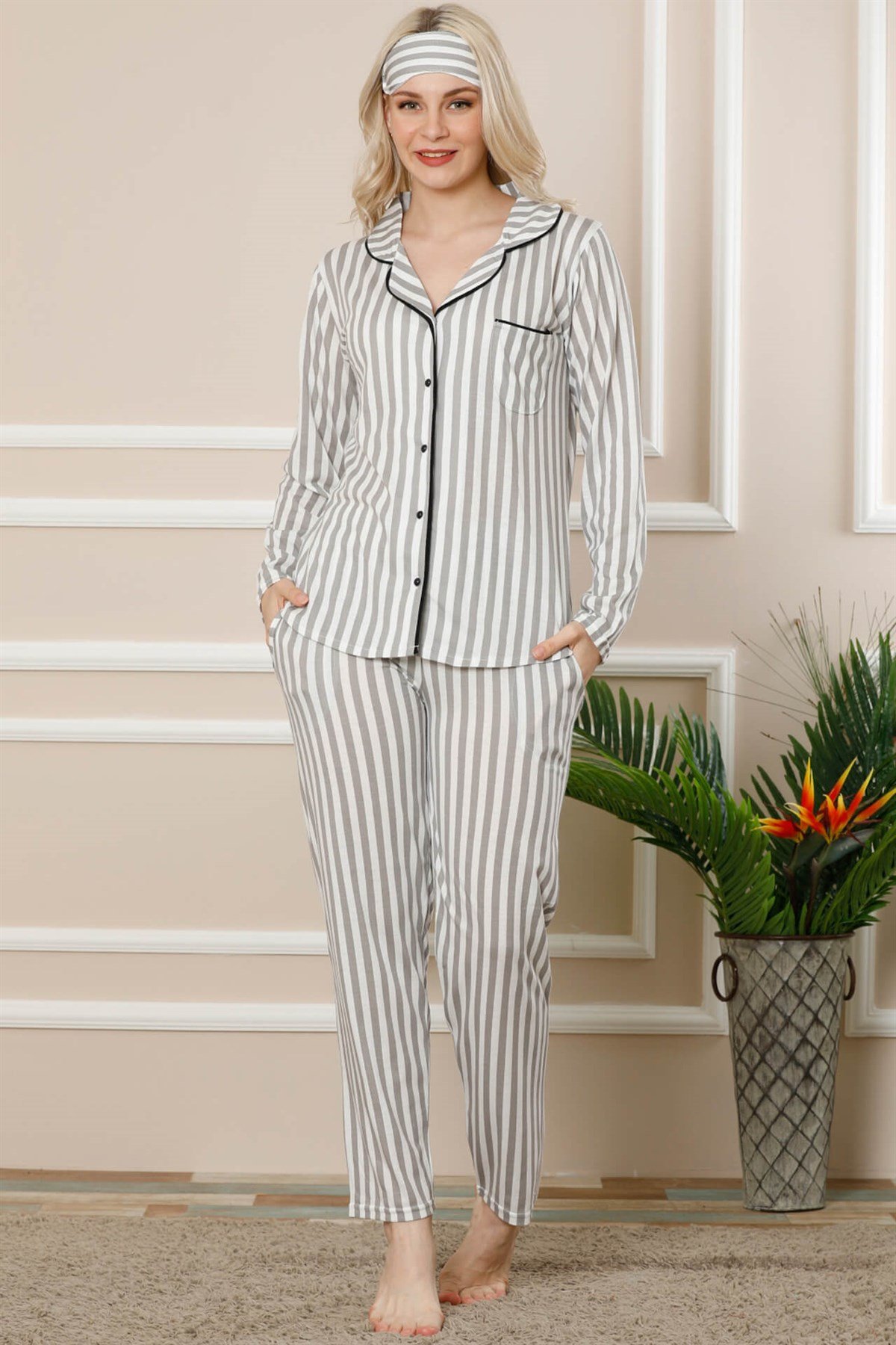 Akbeniz Kadın Gri Pamuklu Düğmeli Cepli Uzun Kol Pijama Takım 2457