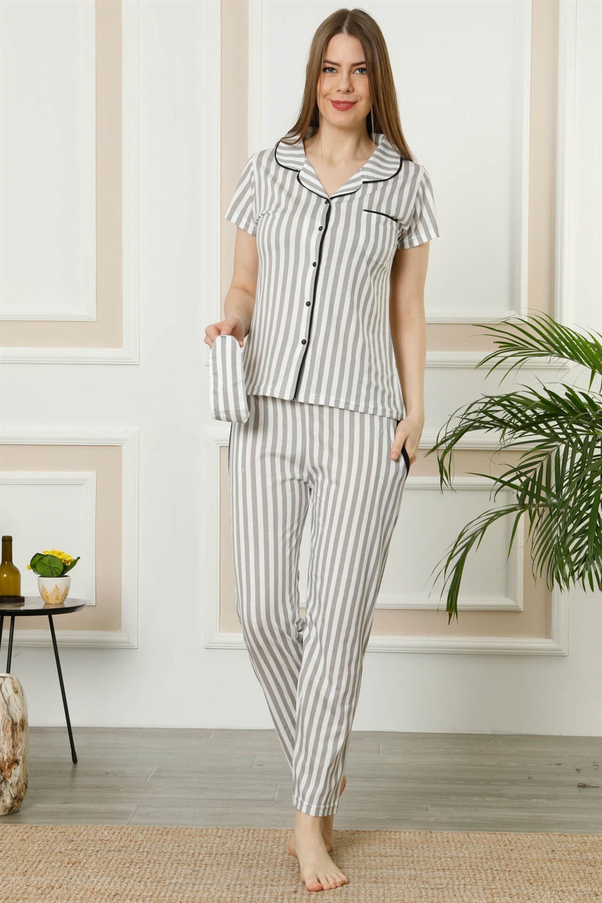 Akbeniz Kadın Gri Pamuklu Düğmeli Cepli Kısa Kol Pijama Takım 2389