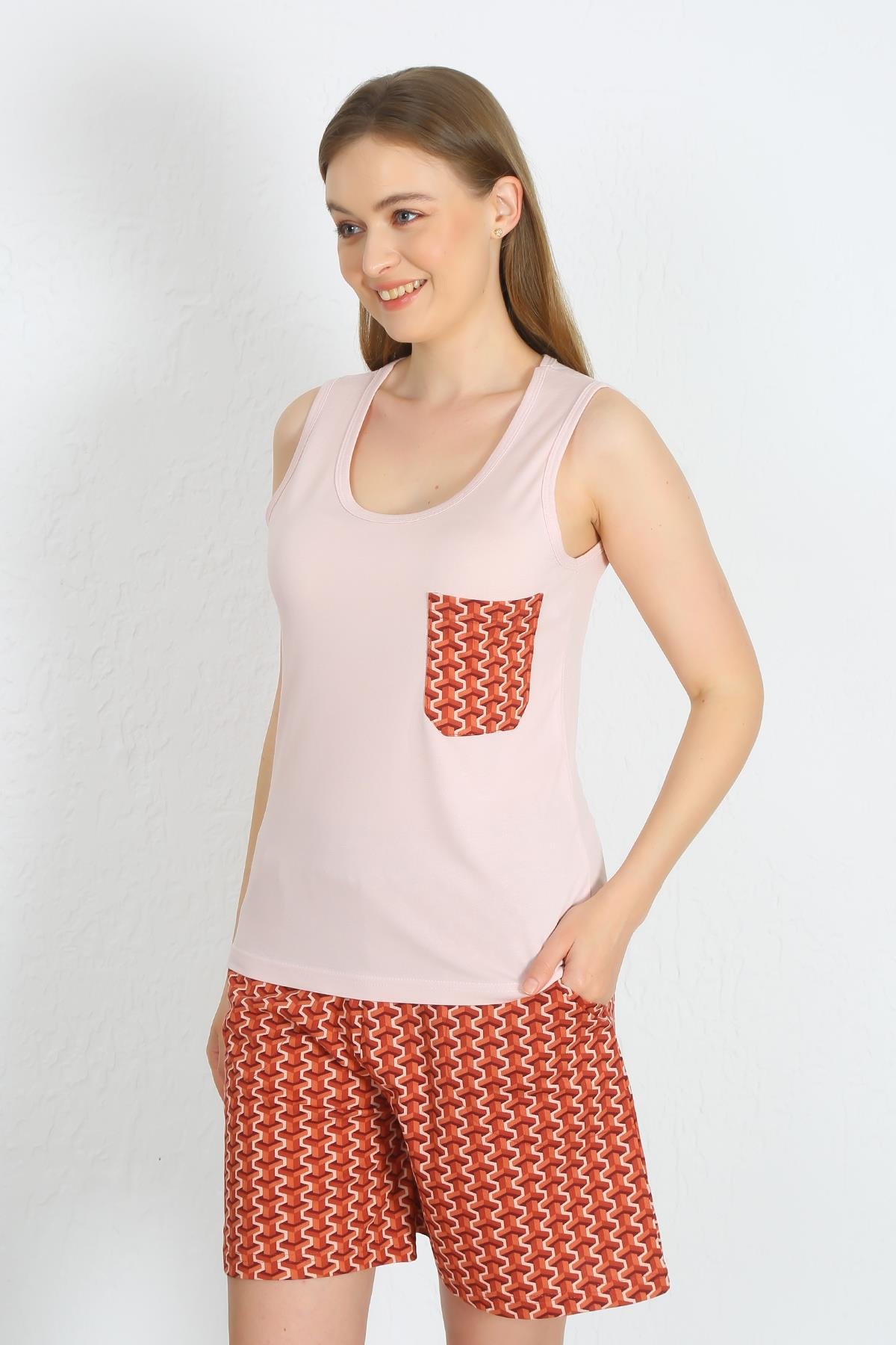 Akbeniz Kadın Kalın Askılı Cepli Şortlu Takım Pudra 3617