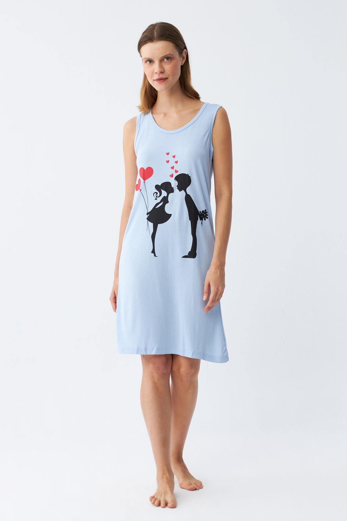 Akbeniz Kadın Kalın Askılı Penye Diz Üstü Mavi Gecelik 11310