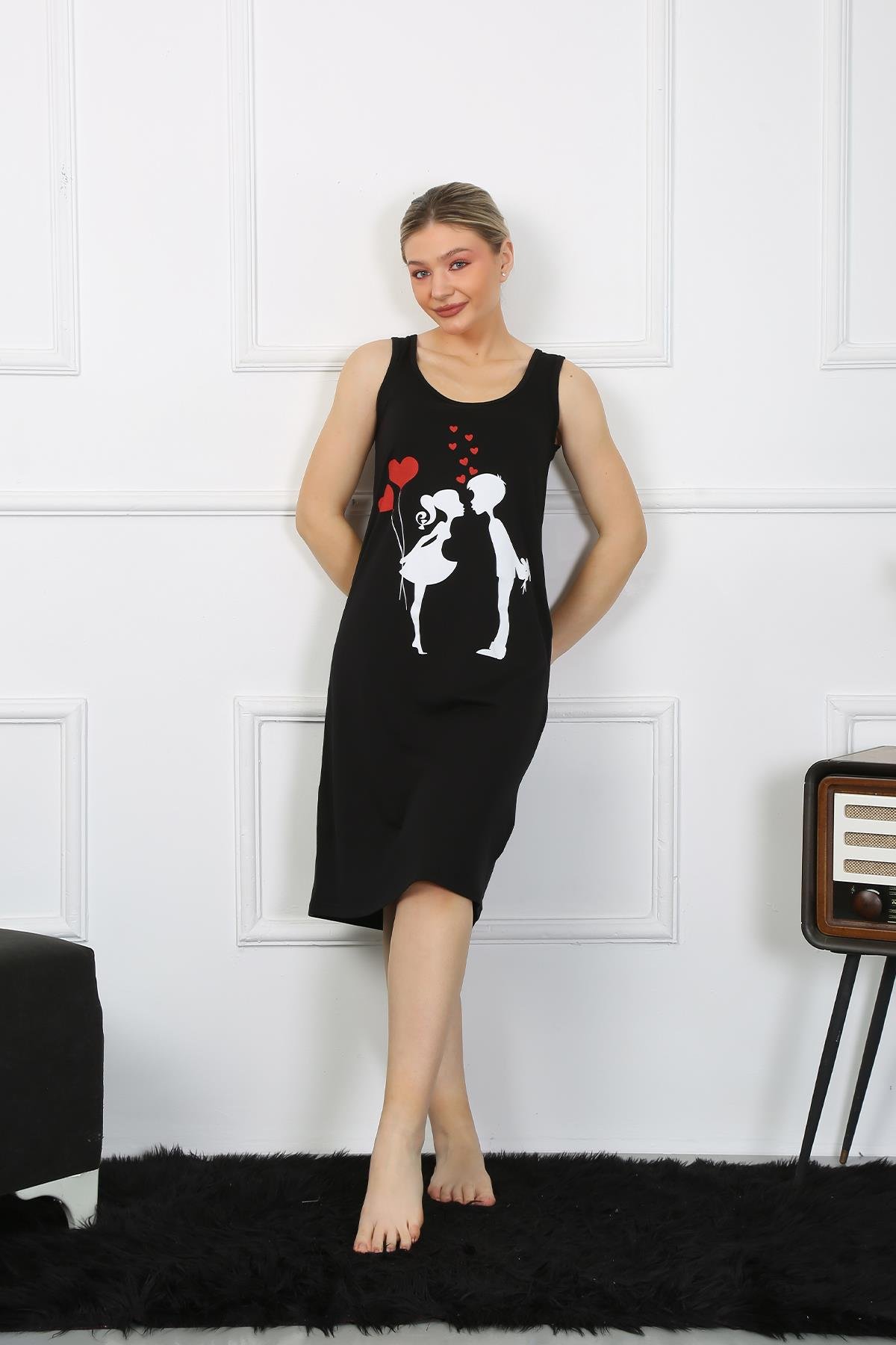 Akbeniz Kadın Kalın Askılı Penye Uzun Siyah Gecelik 12001