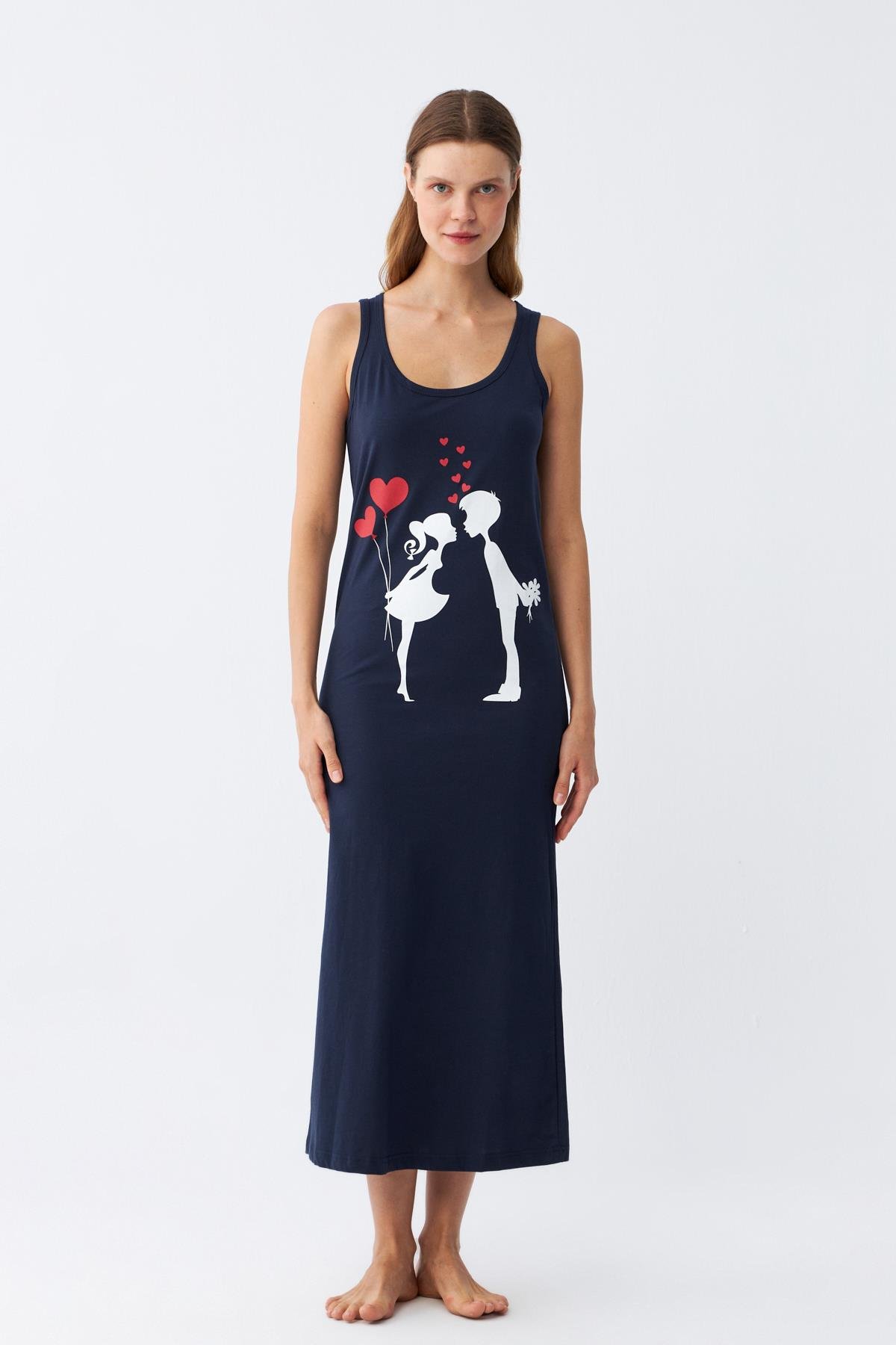 Akbeniz Kadın Kalın Askılı Penye Uzun Lacivert Gecelik 12001