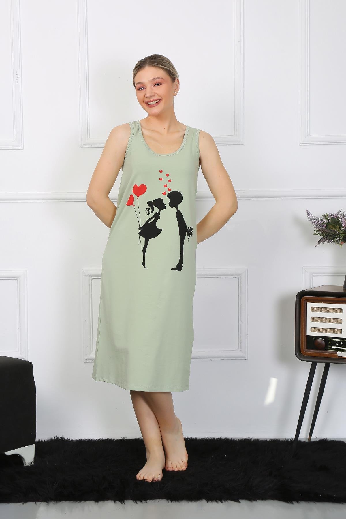 Akbeniz Kadın Kalın Askılı Penye Uzun Fıstık Yeşili Gecelik 12001