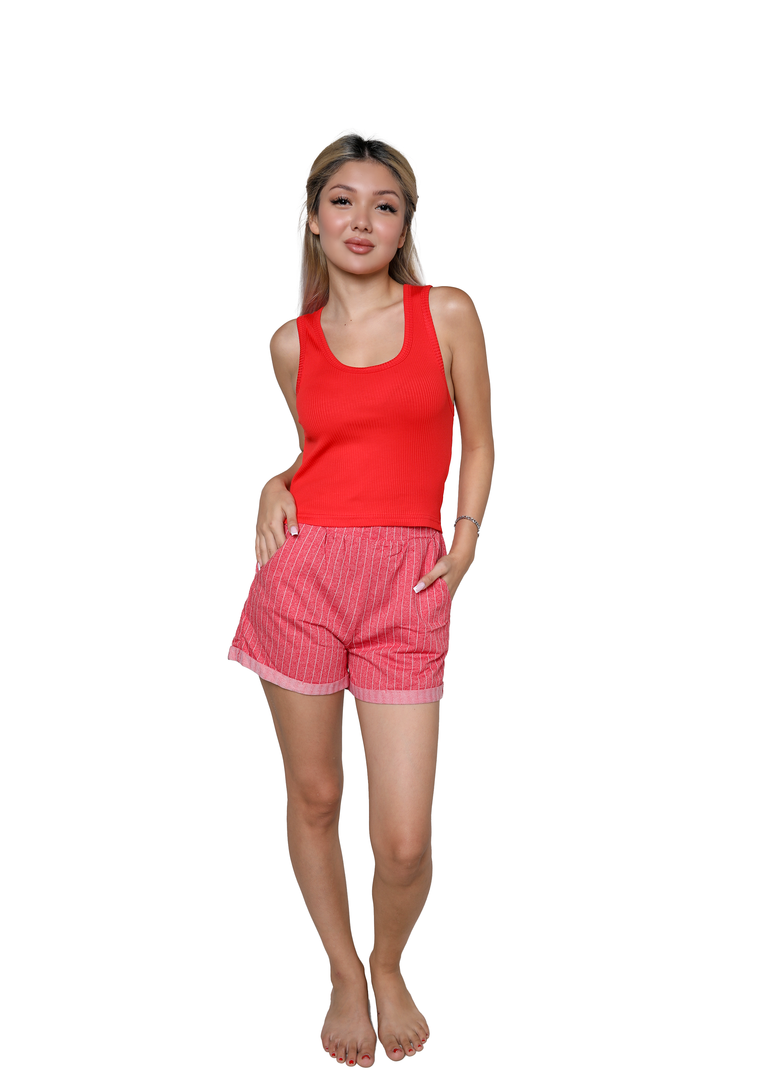 Akbeniz Kadın Kalın Askılı Şortlu Pijama Takım Kırmızı 3628