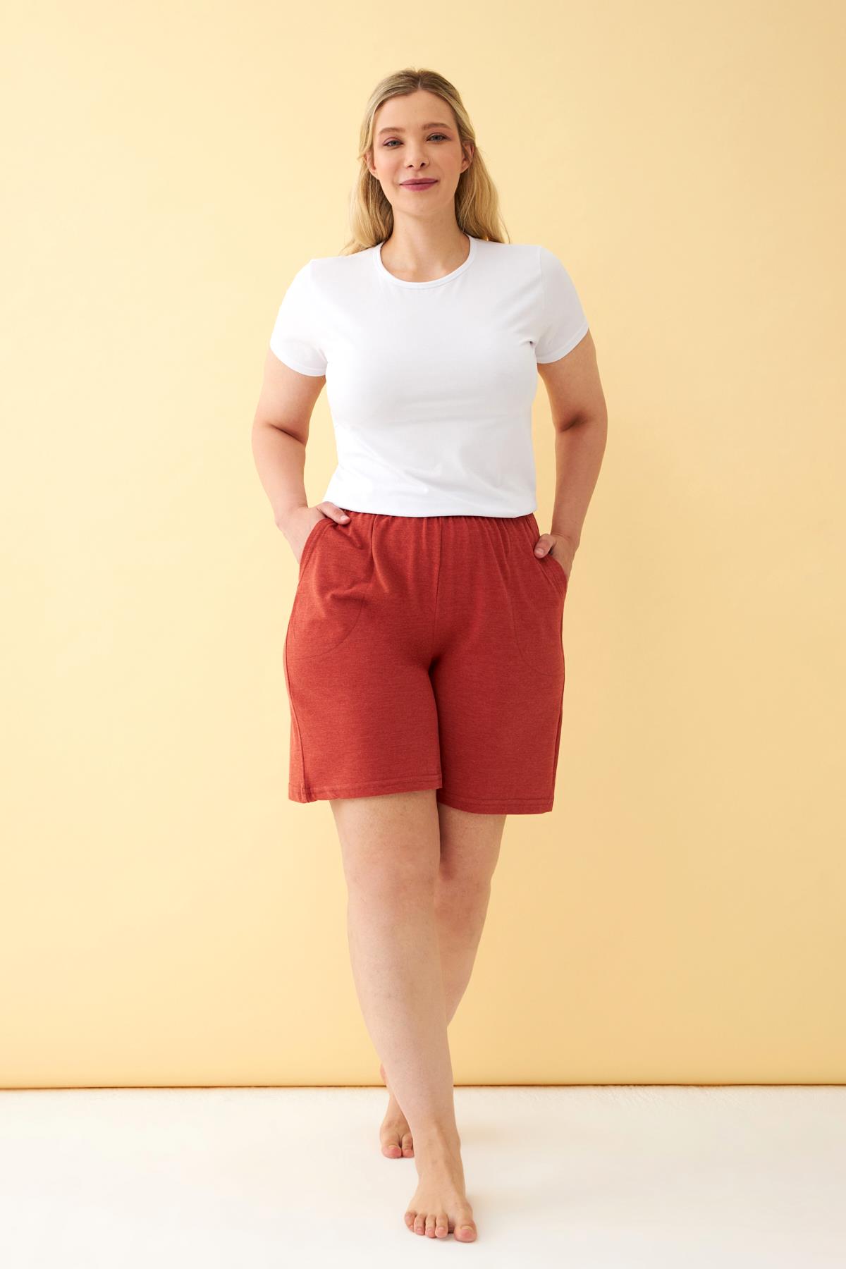 Akbeniz Kadın Kiremit Rengi Rahat Kalıp Cepli Şort