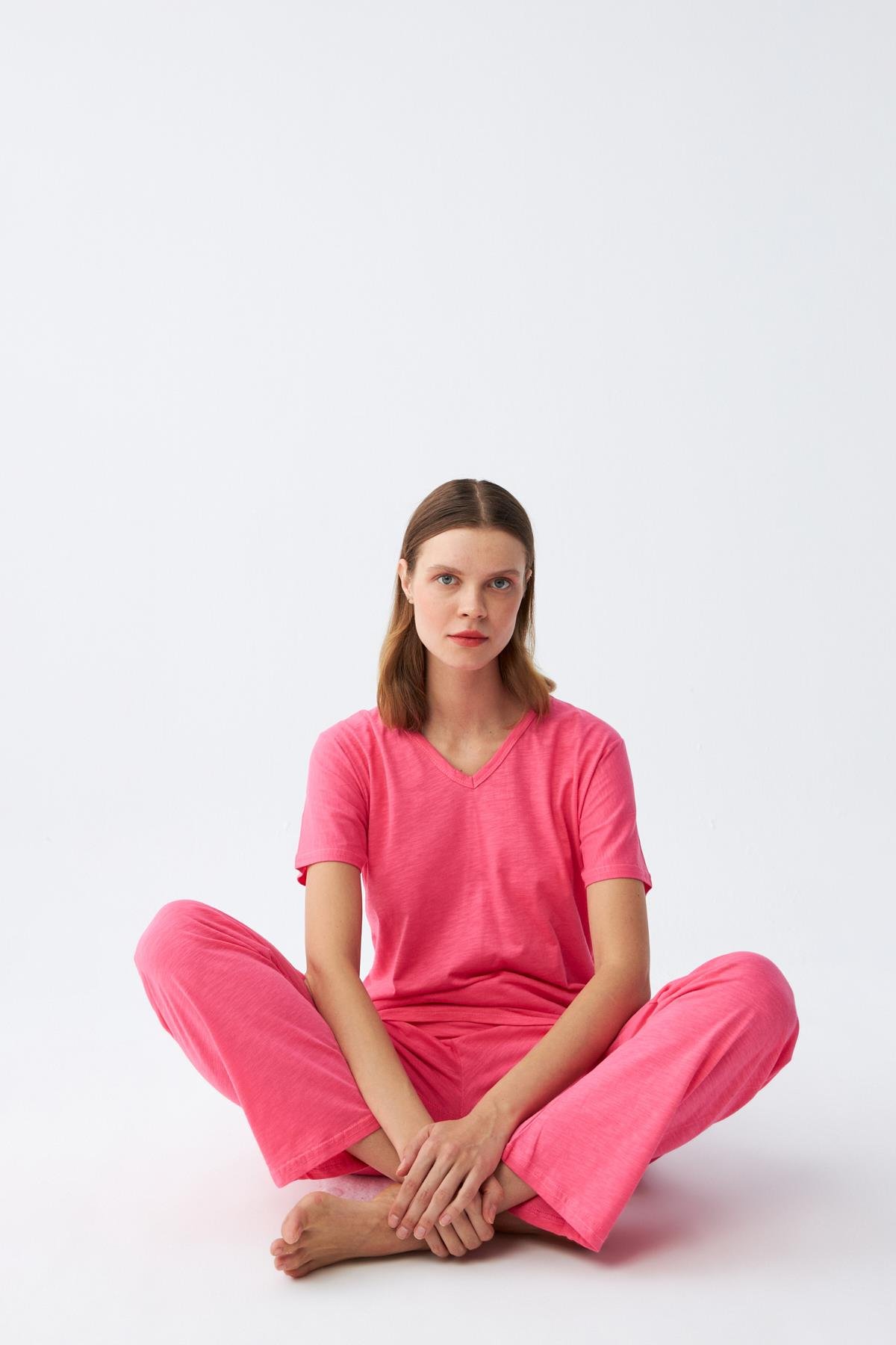 Akbeniz Kadın Kısa Kol Pamuk Penye Pijama Takım Fuşya 4213