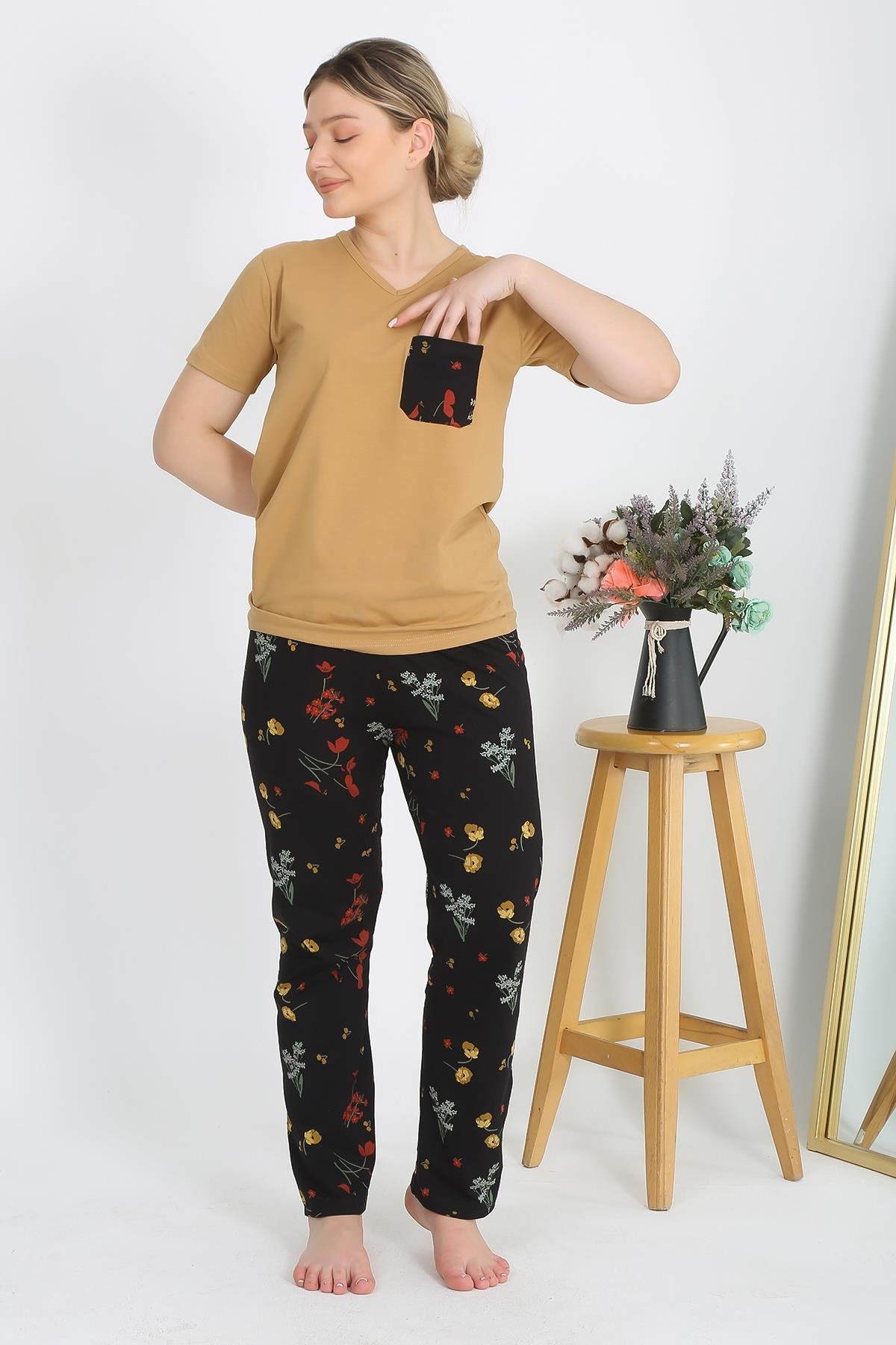 Akbeniz Kadın Kısa Kol Pamuk Penye Pijama Takım Hardal 4214