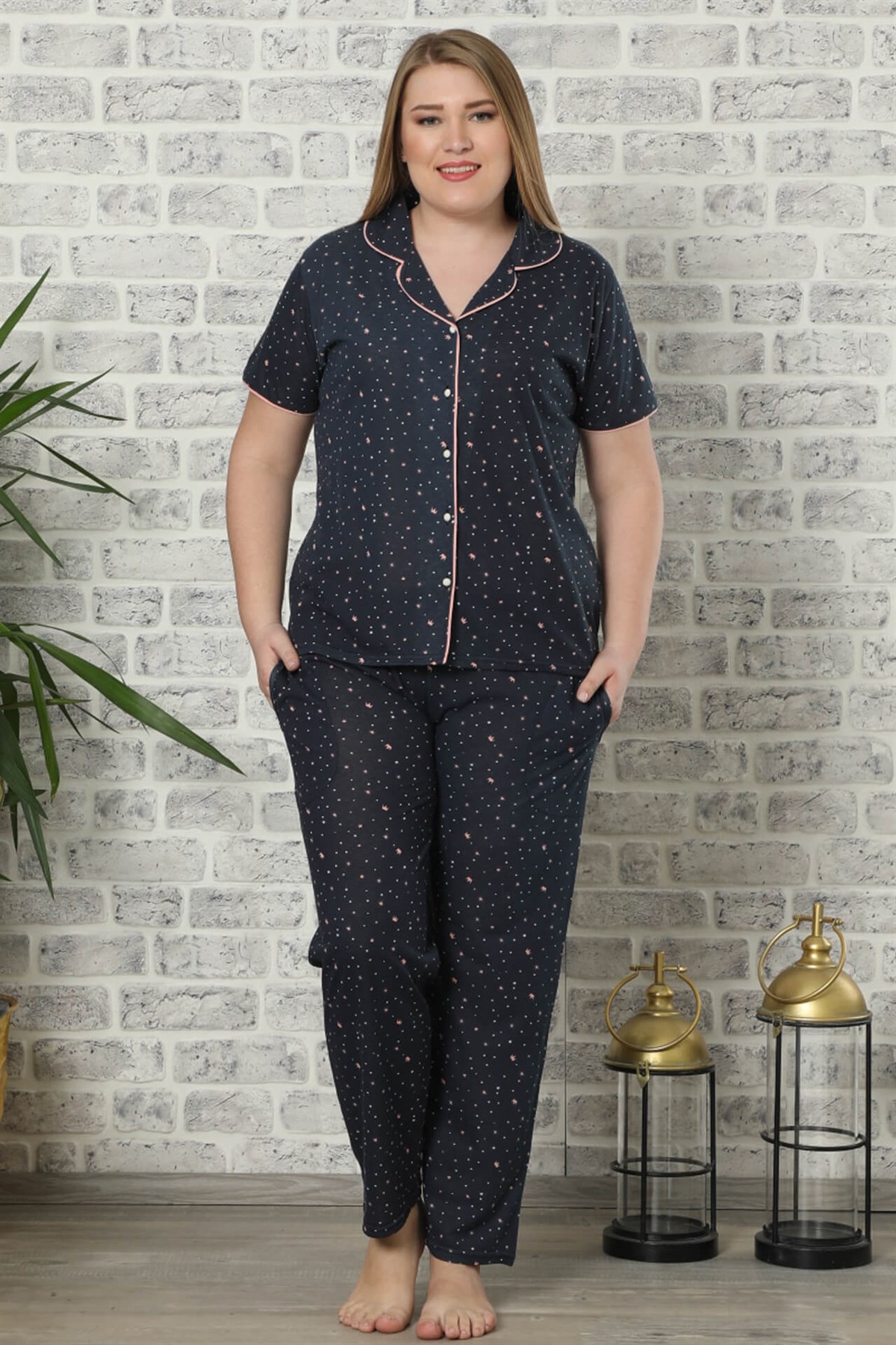 Akbeniz Kadın Lacivert Pamuklu Düğmeli Cepli Kısa Kol Büyük Beden Pijama  Takım 202007 | Akbeniz