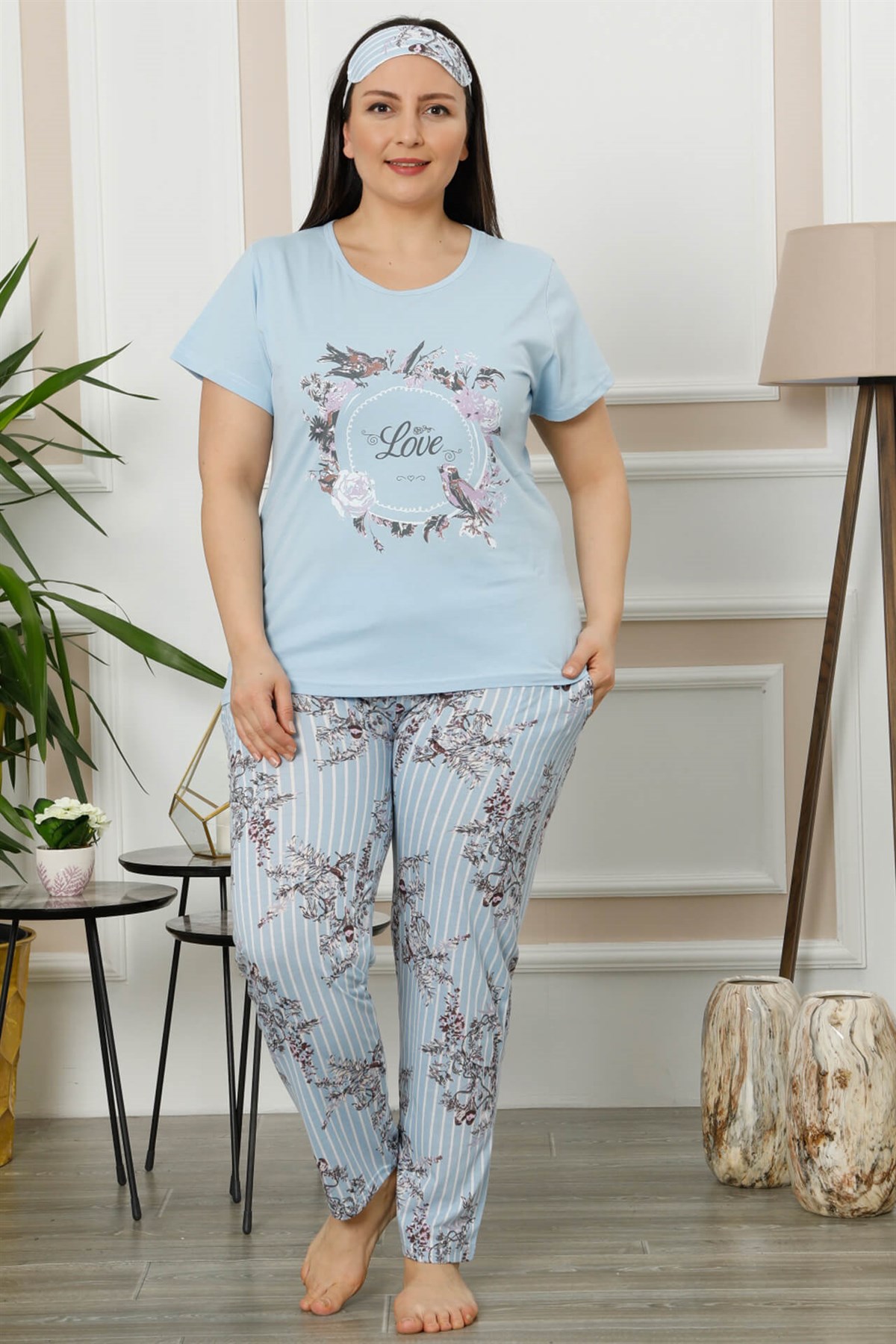 Akbeniz Kadın Mavi Pamuklu Cepli Kısa Kol Büyük Beden Pijama Takım 202002 |  Akbeniz