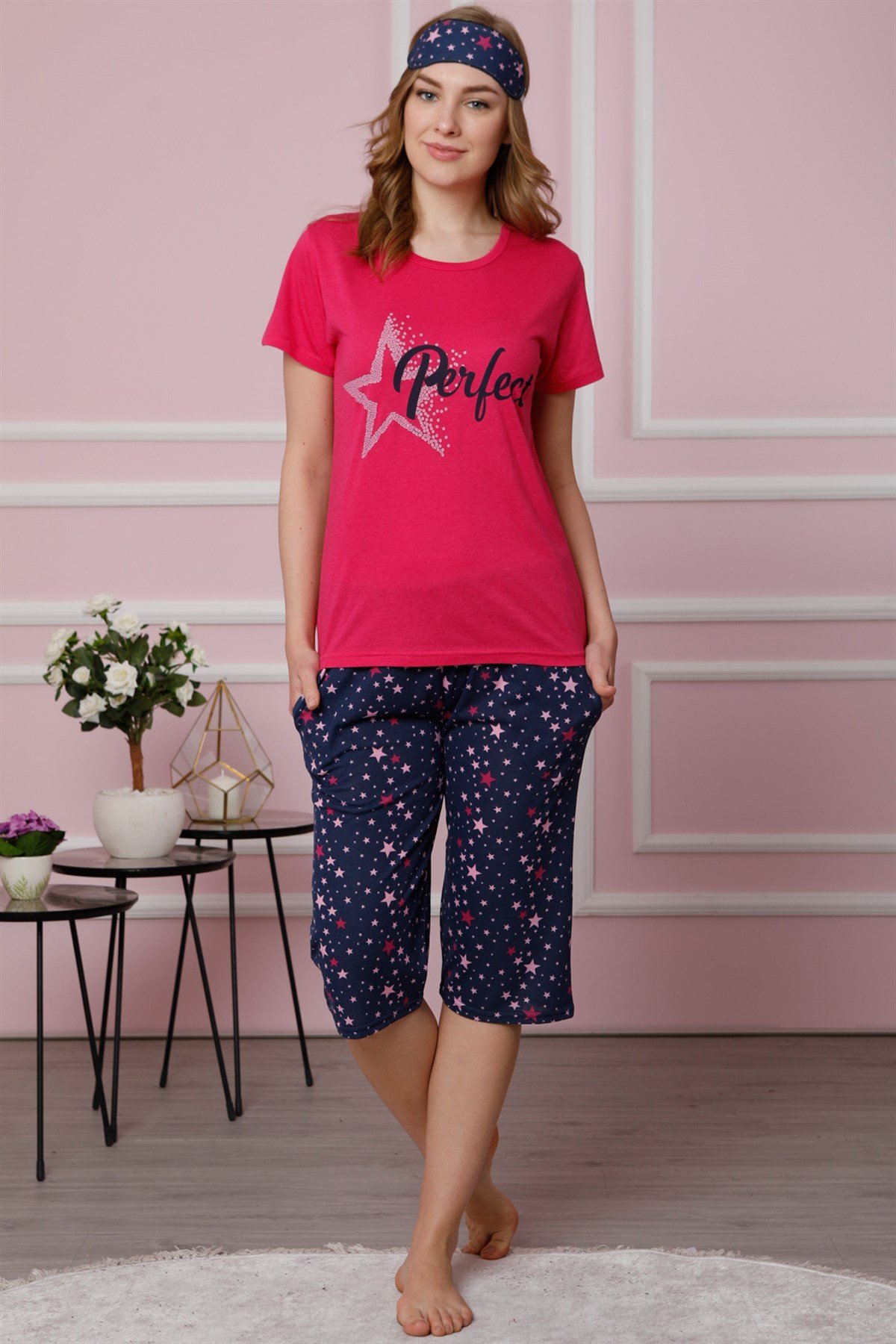 Akbeniz Kadın Mercan Pamuklu Cepli Kapri Pijama Takım 3509