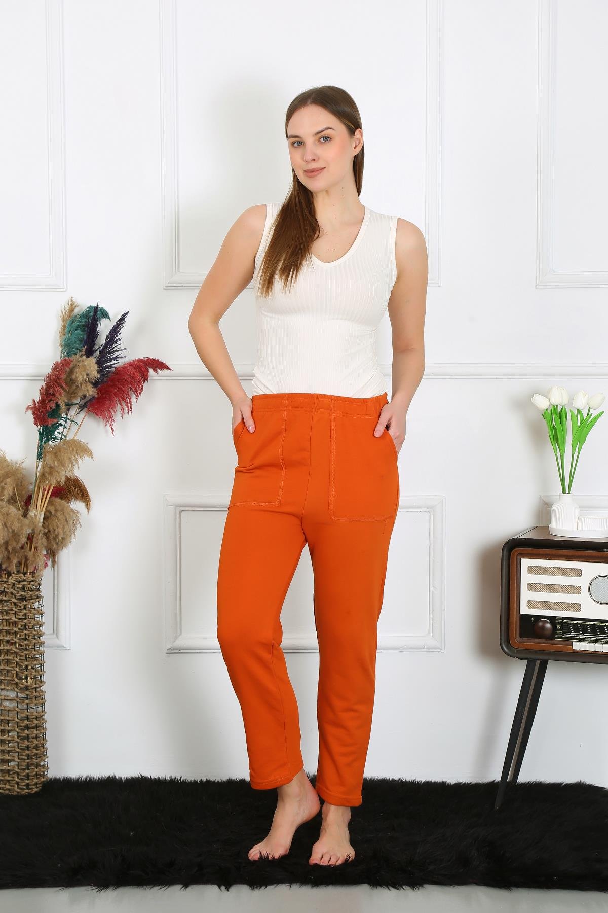 Akbeniz Kadın Pamuk Cepli 3 İplik Alt Eşofman Kremit 27510