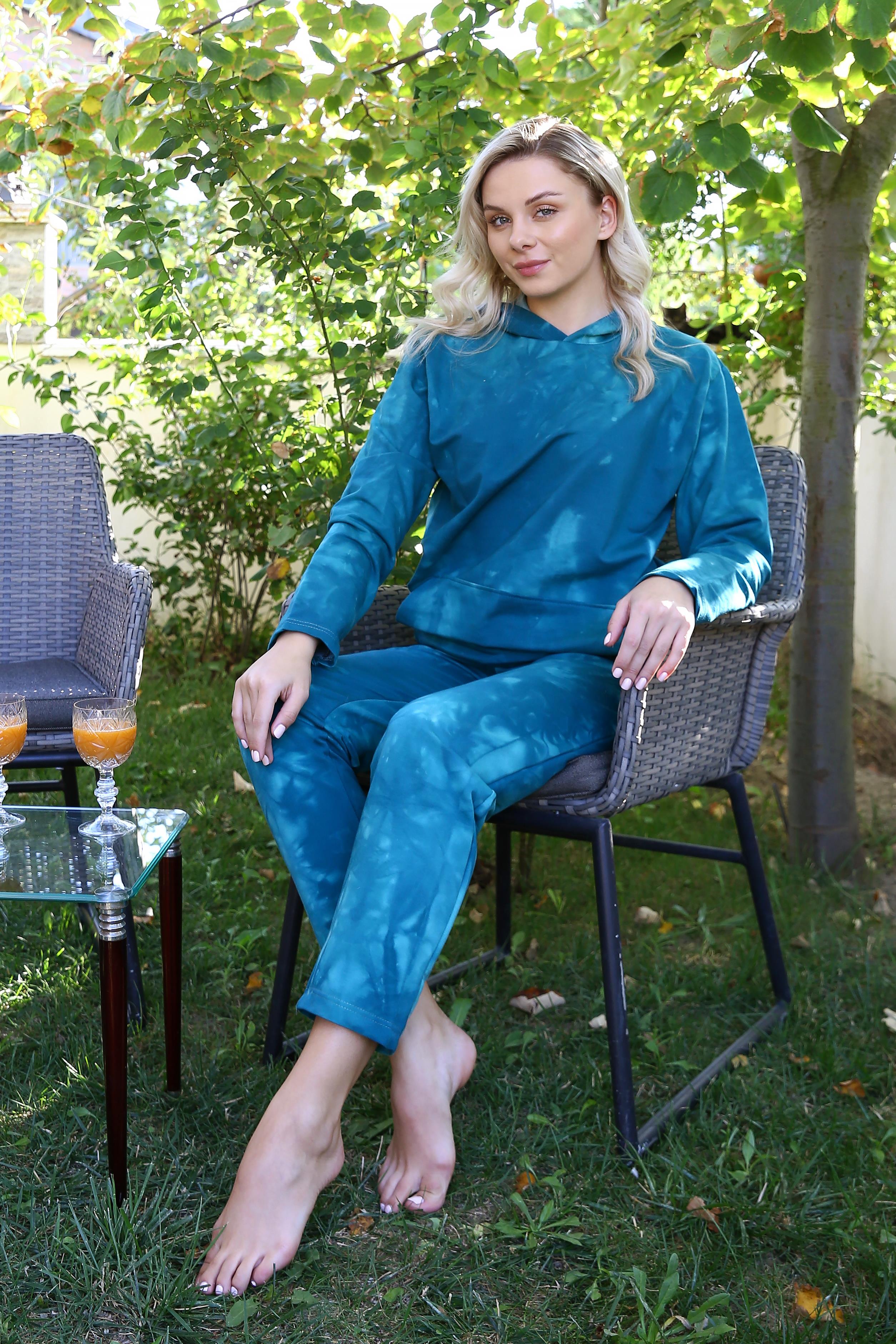 Akbeniz Kadın Pamuk Kapşonlu Cepli 3 İplik Turkuaz Eşofman Takım 9037