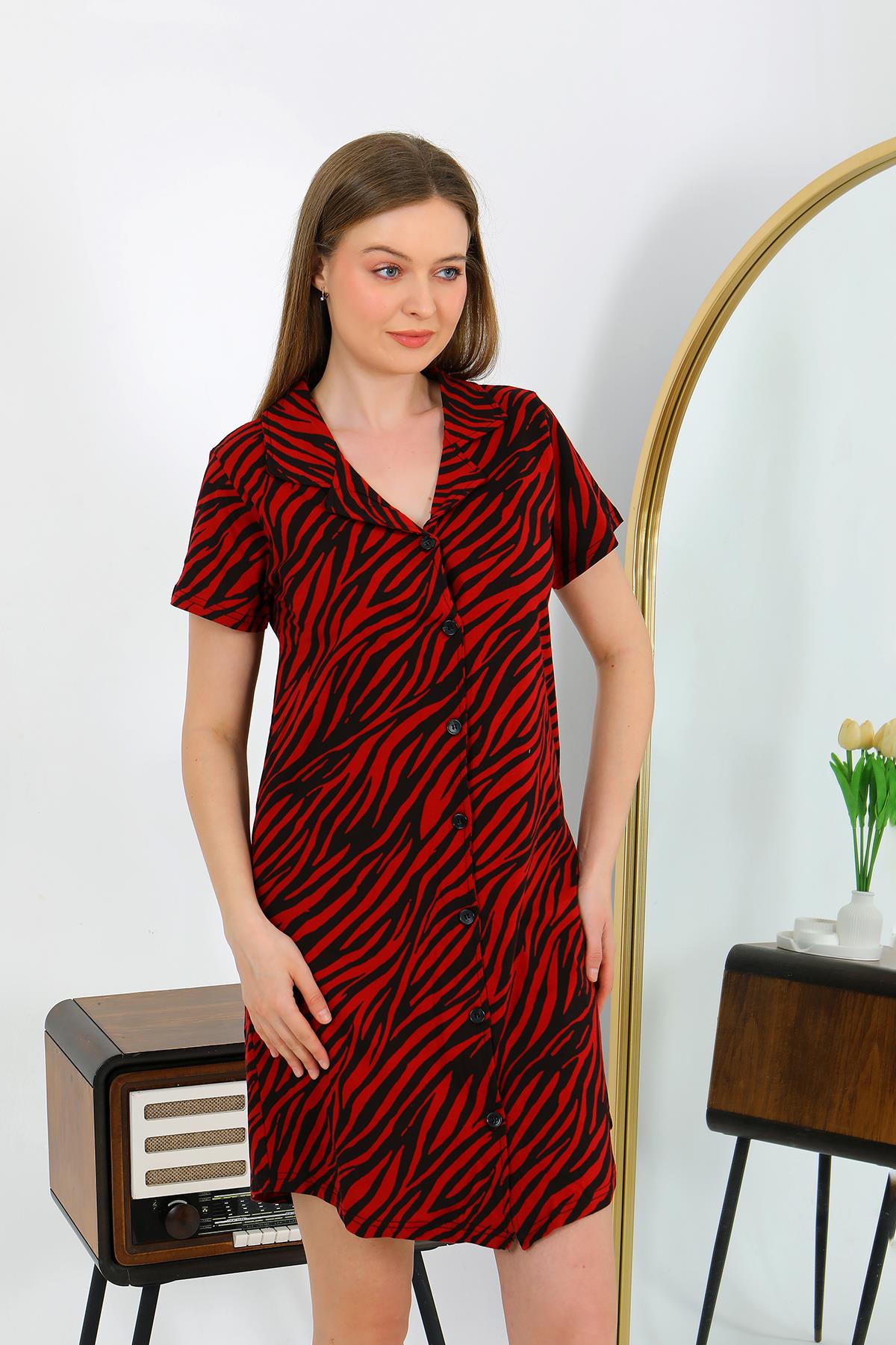 Akbeniz Kadın Pamuk Penye Kısa Kol Düğmeli Bordo Tunik Gecelik 13112