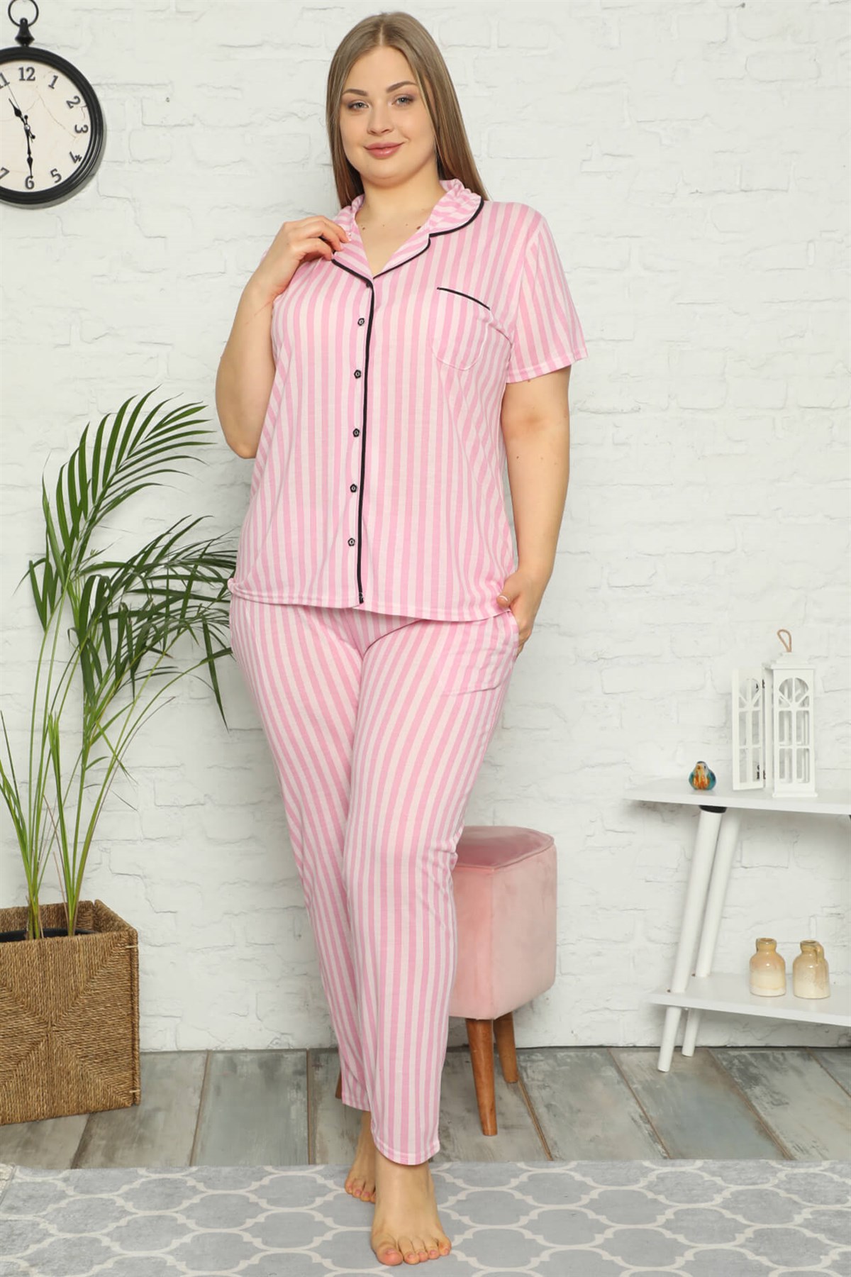 Akbeniz Kadın Pamuklu Cepli Kısa Kol Büyük Beden Pijama Takım 202068