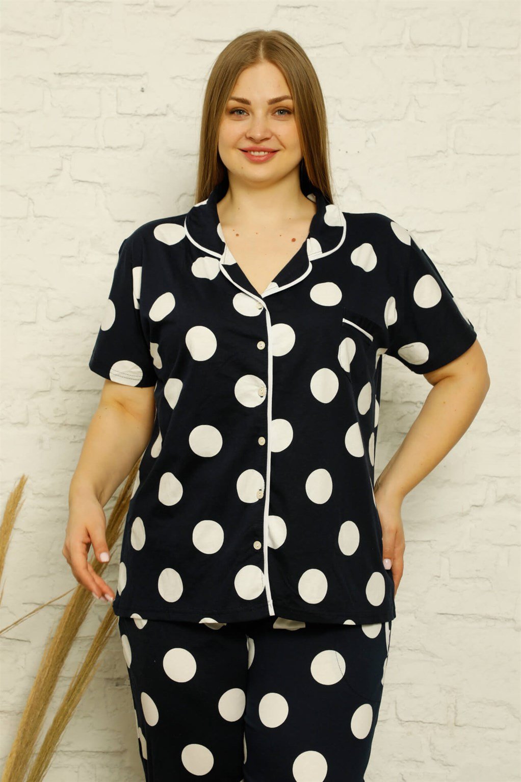 Akbeniz Kadın Pamuklu Cepli Kısa Kol Büyük Beden Pijama Takım 202123