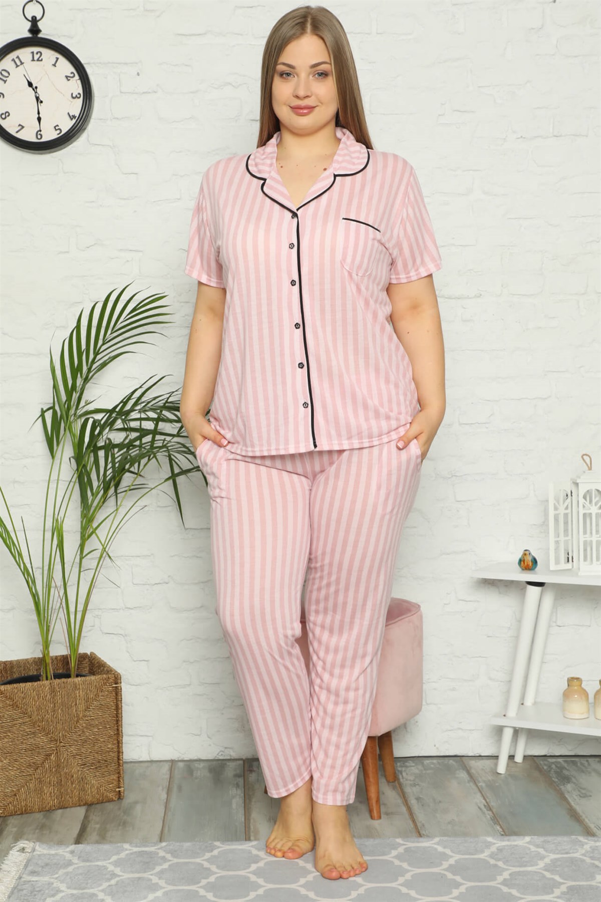 Akbeniz Kadın Pamuklu Cepli Kısa Kol Büyük Beden Pijama Takım 202069