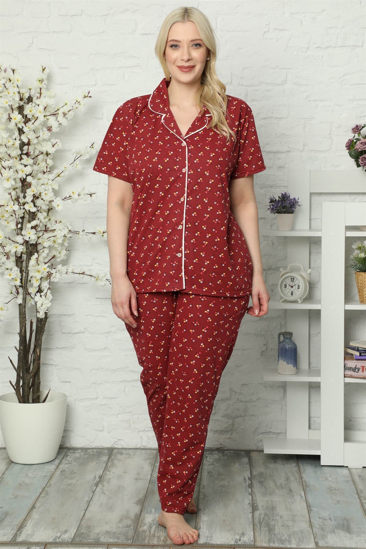 Akbeniz Kadın Pamuklu Cepli Kısa Kol Büyük Beden Pijama Takım 202029