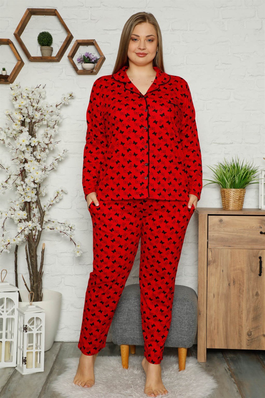 Akbeniz Kadın Pamuklu Cepli Uzun Kol Büyük Beden Pijama Takım 202097