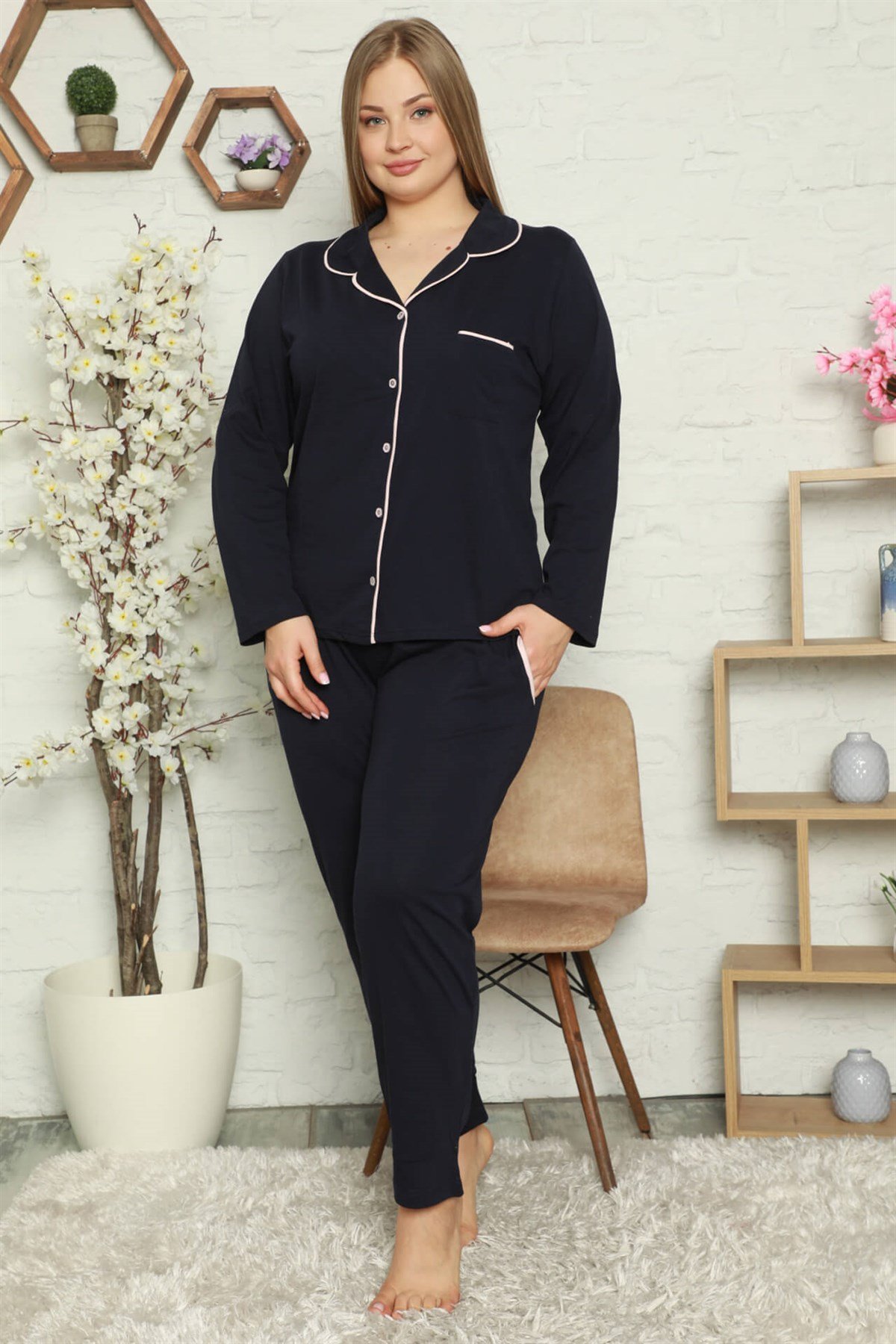 Akbeniz Kadın Pamuklu Cepli Uzun Kol Büyük Beden Pijama Takım 202052