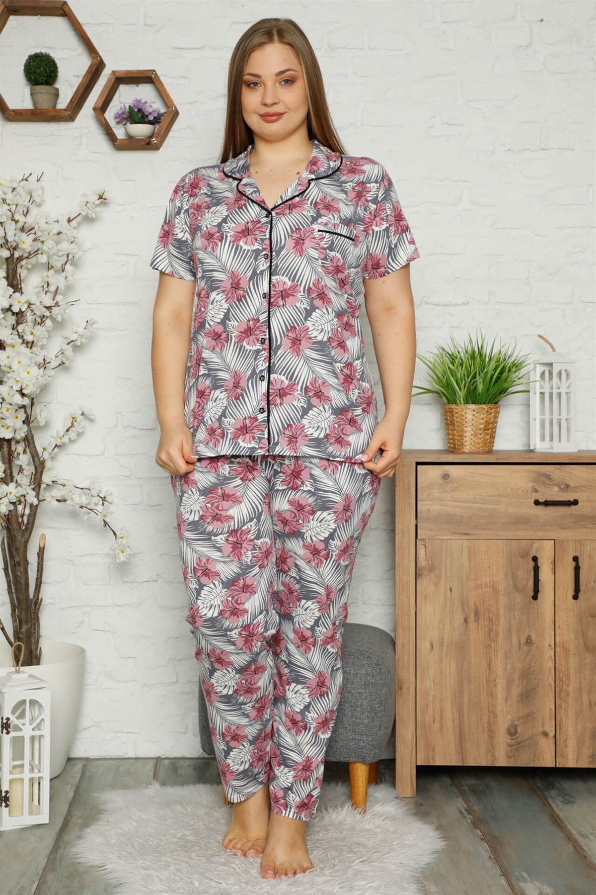 Akbeniz Kadın Pamuklu Cepli Uzun Kol Büyük Beden Pijama Takım 202058