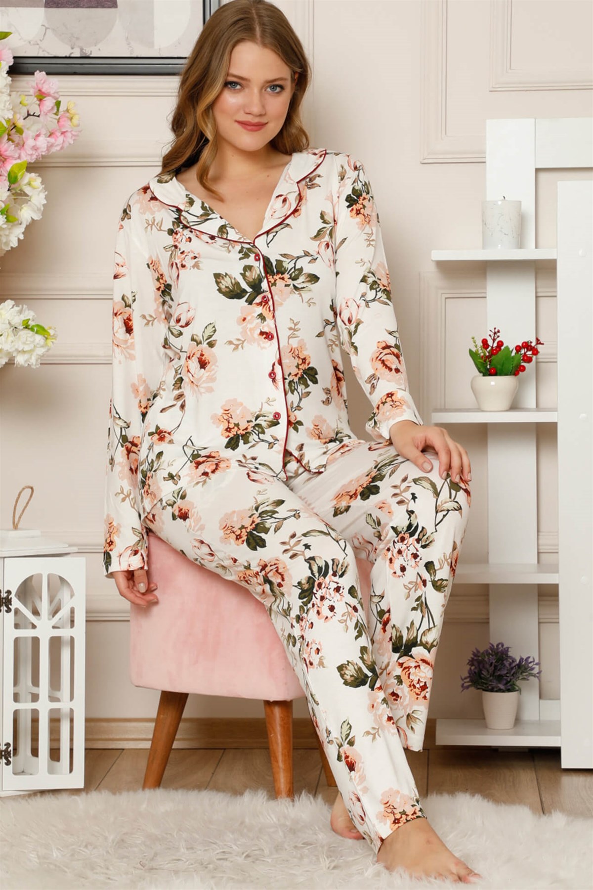 Akbeniz Kadın Pamuklu Düğmeli Cepli Uzun Kol Pijama Takım 2487