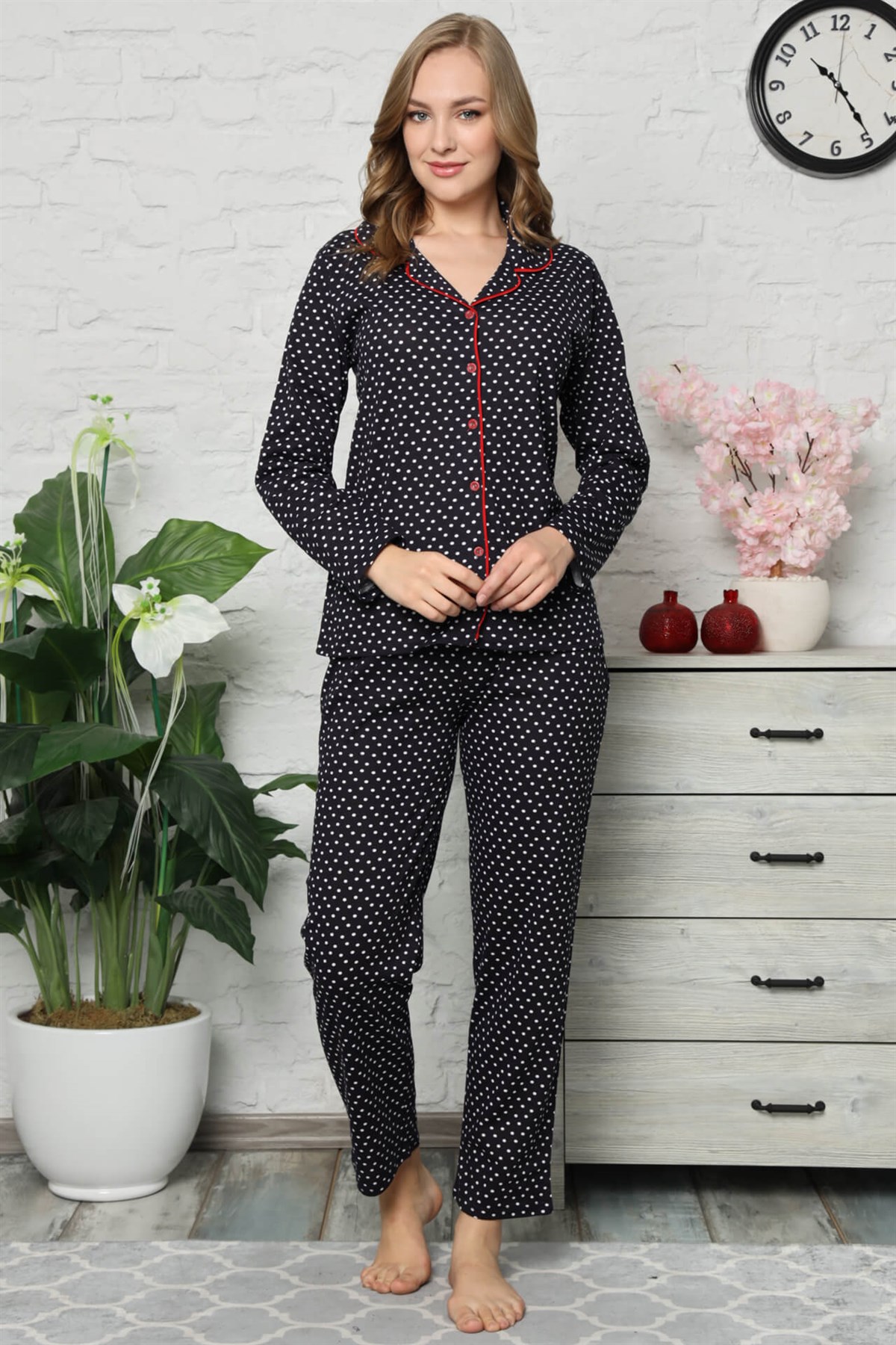Akbeniz Kadın Pamuklu Düğmeli Cepli Uzun Kol Pijama Takım 2479