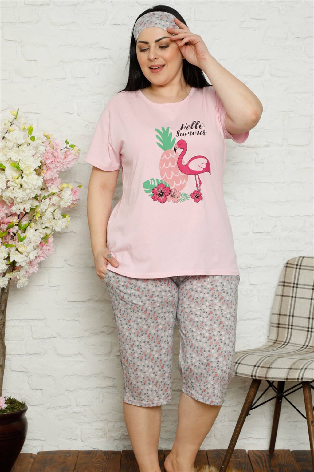 Akbeniz Kadın Pamuklu Kısa Kol Büyük Beden Kapri Pijama Takım 202091