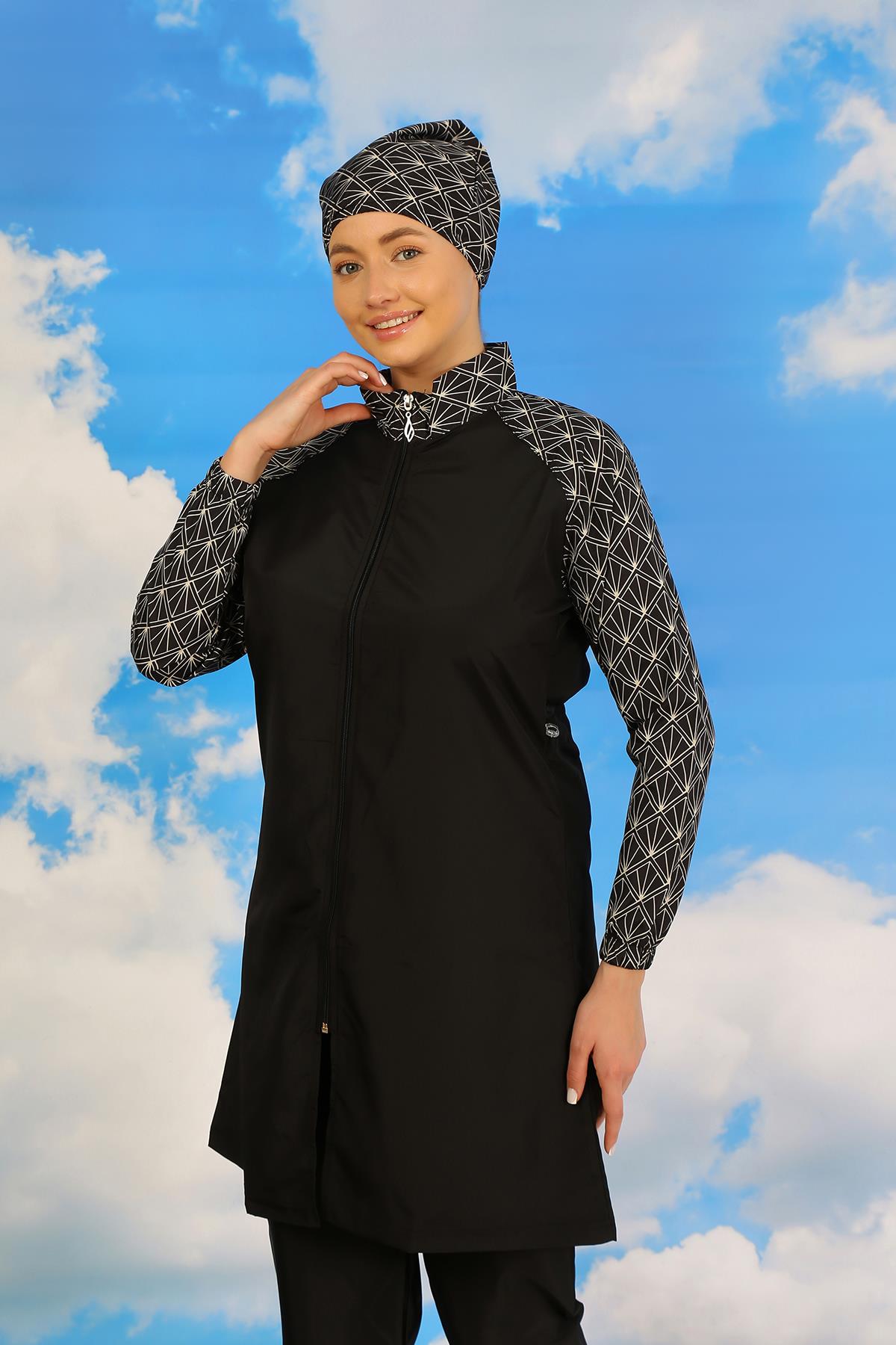 Akbeniz Kadın Pantolonlu Desenli Tam Tesettür Mayo Siyah 31072