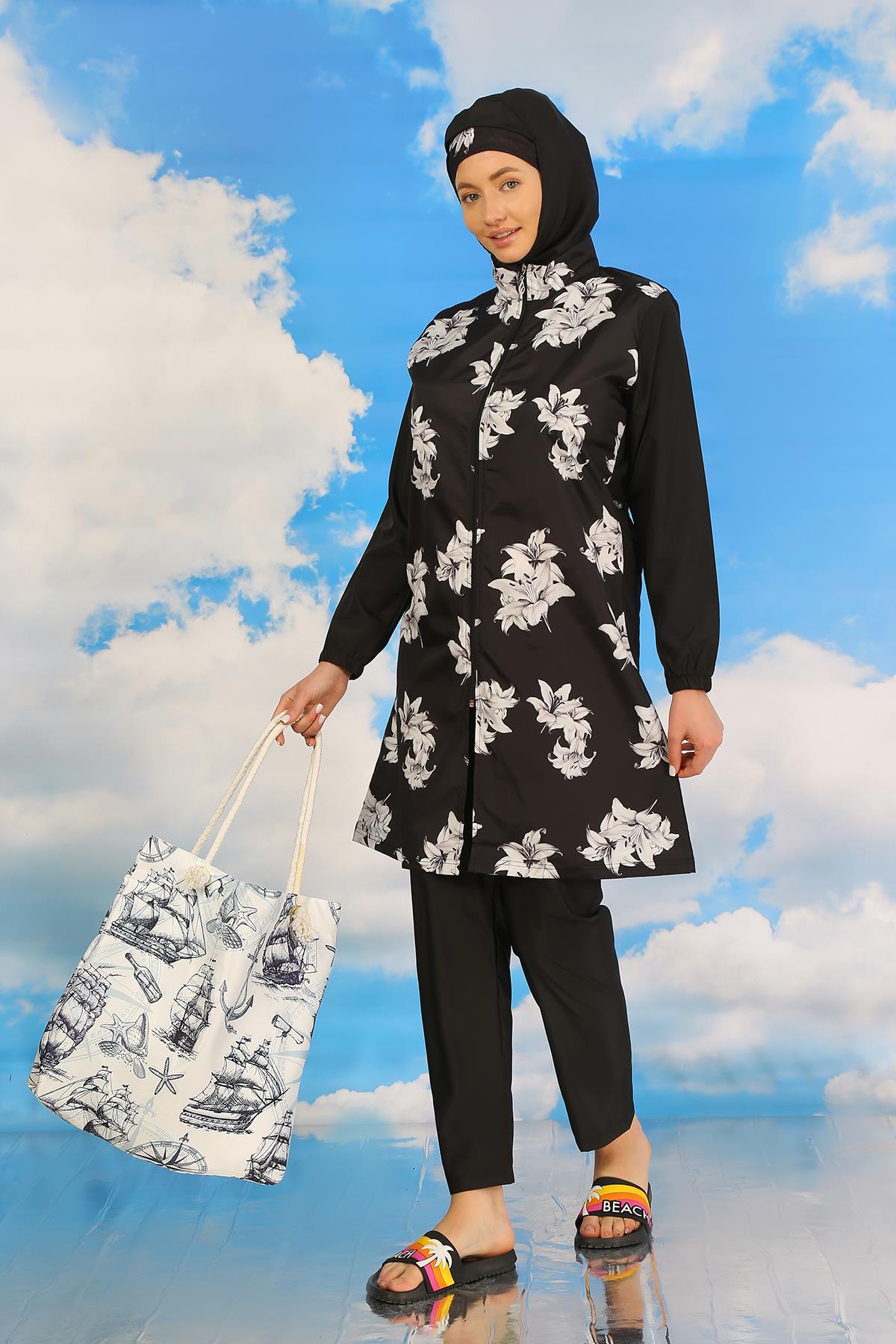 Akbeniz Kadın Pantolonlu Desenli Tam Tesettür Mayo Siyah 31070