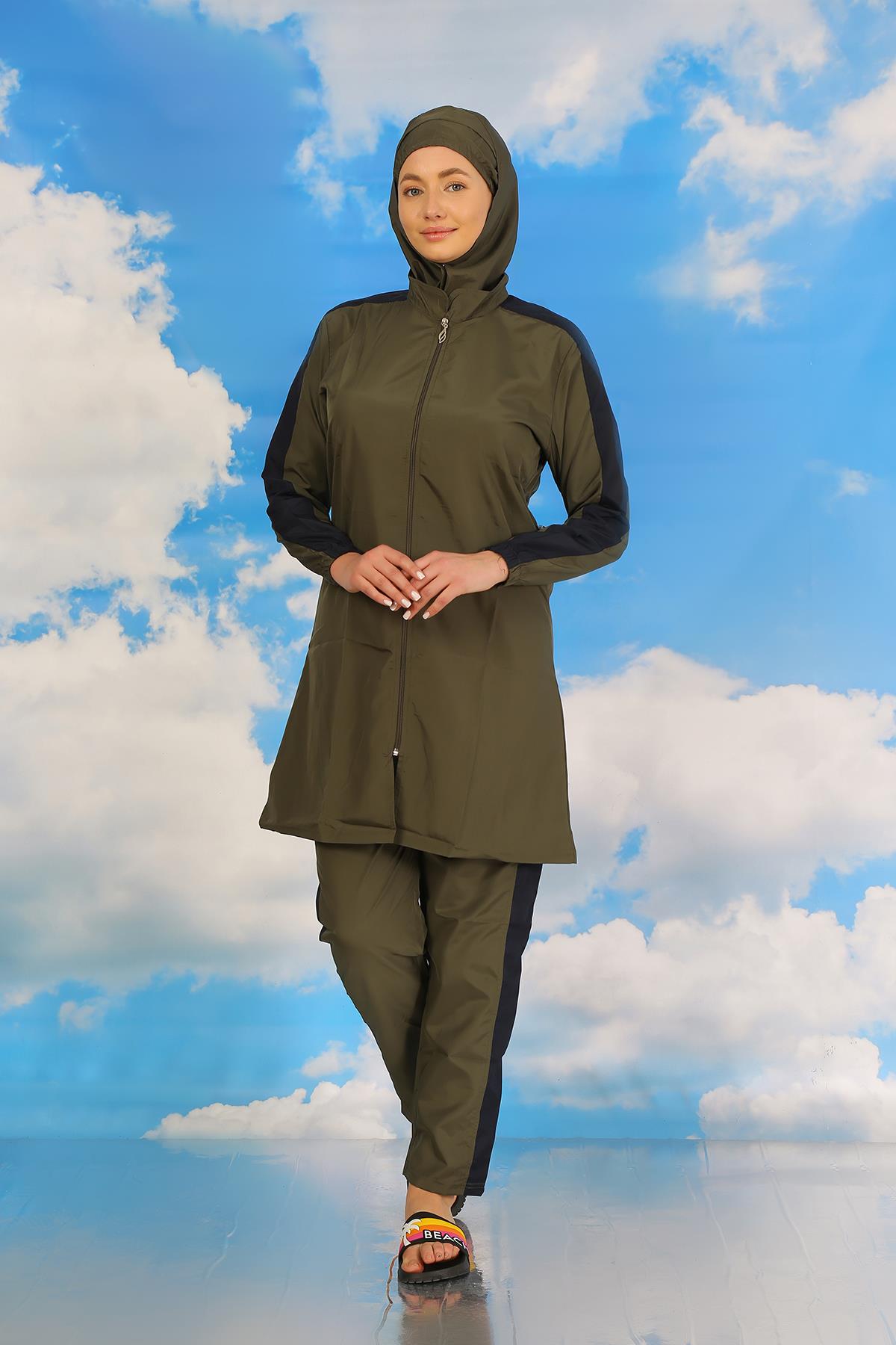 Akbeniz Kadın Pantolonlu Kolu Şeritli Tam Tesettür Mayo Haki 31066