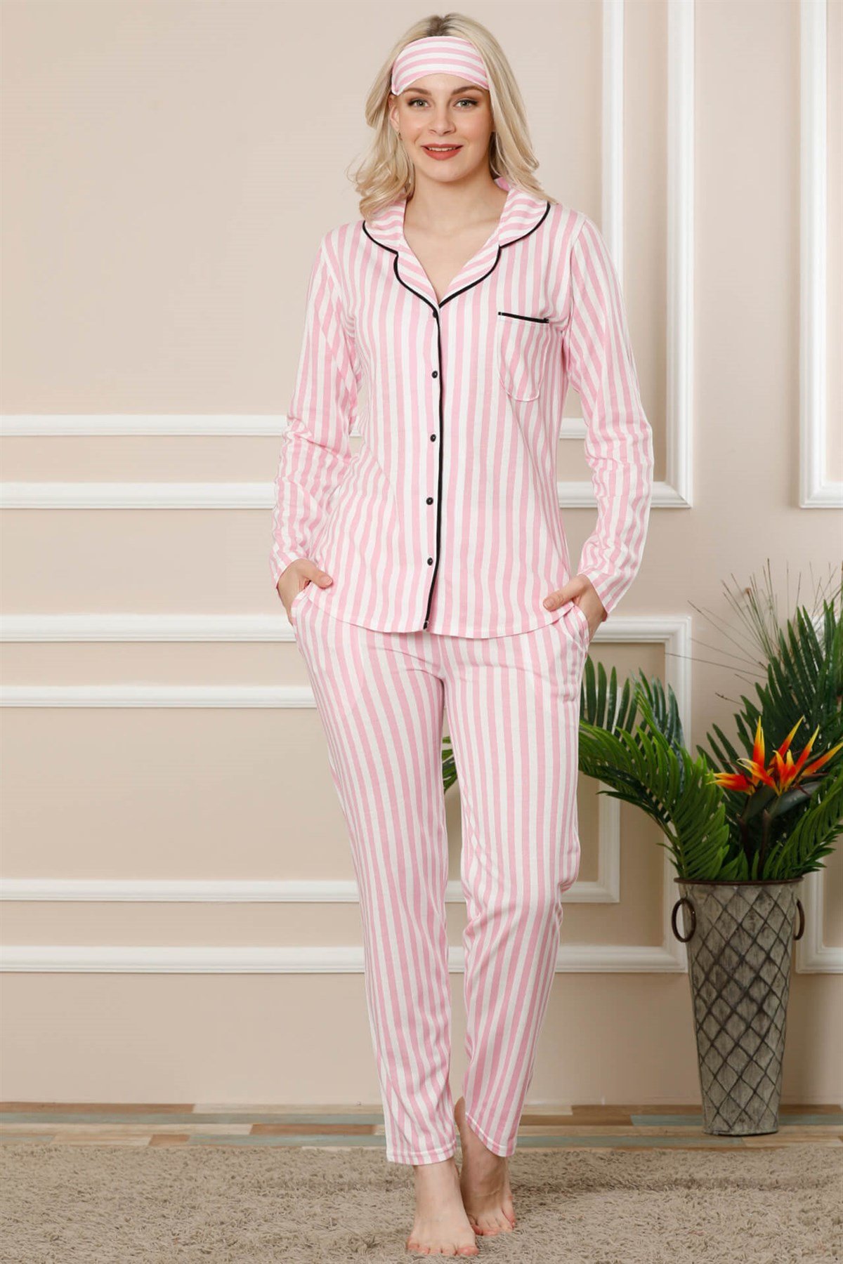 Akbeniz Kadın Pembe Ekru Pamuklu Düğmeli Cepli Uzun Kol Pijama Takım 2456