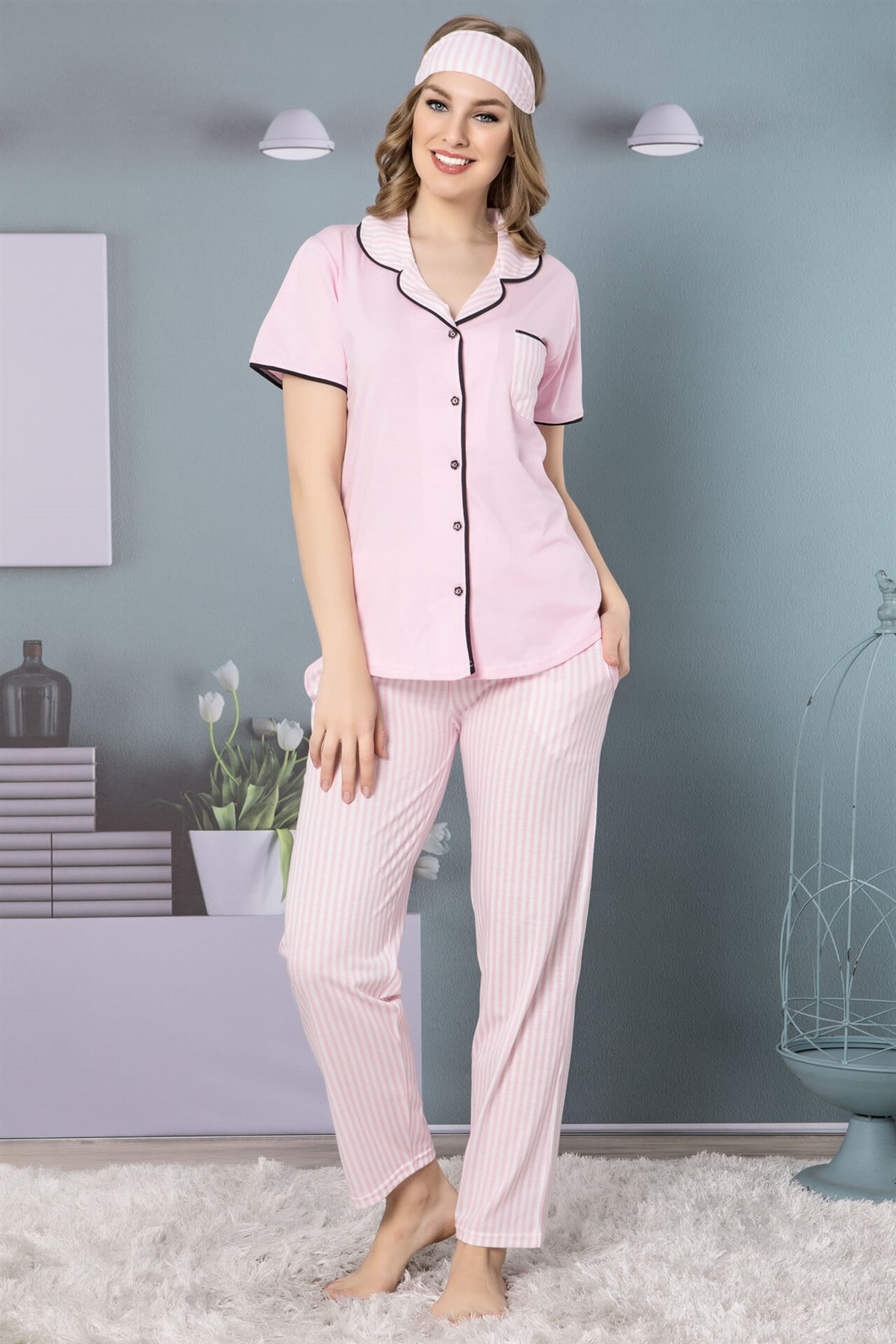 Akbeniz Kadın Pembe Pamuklu Düğmeli Cepli Kısa Kol Pijama Takım 2506