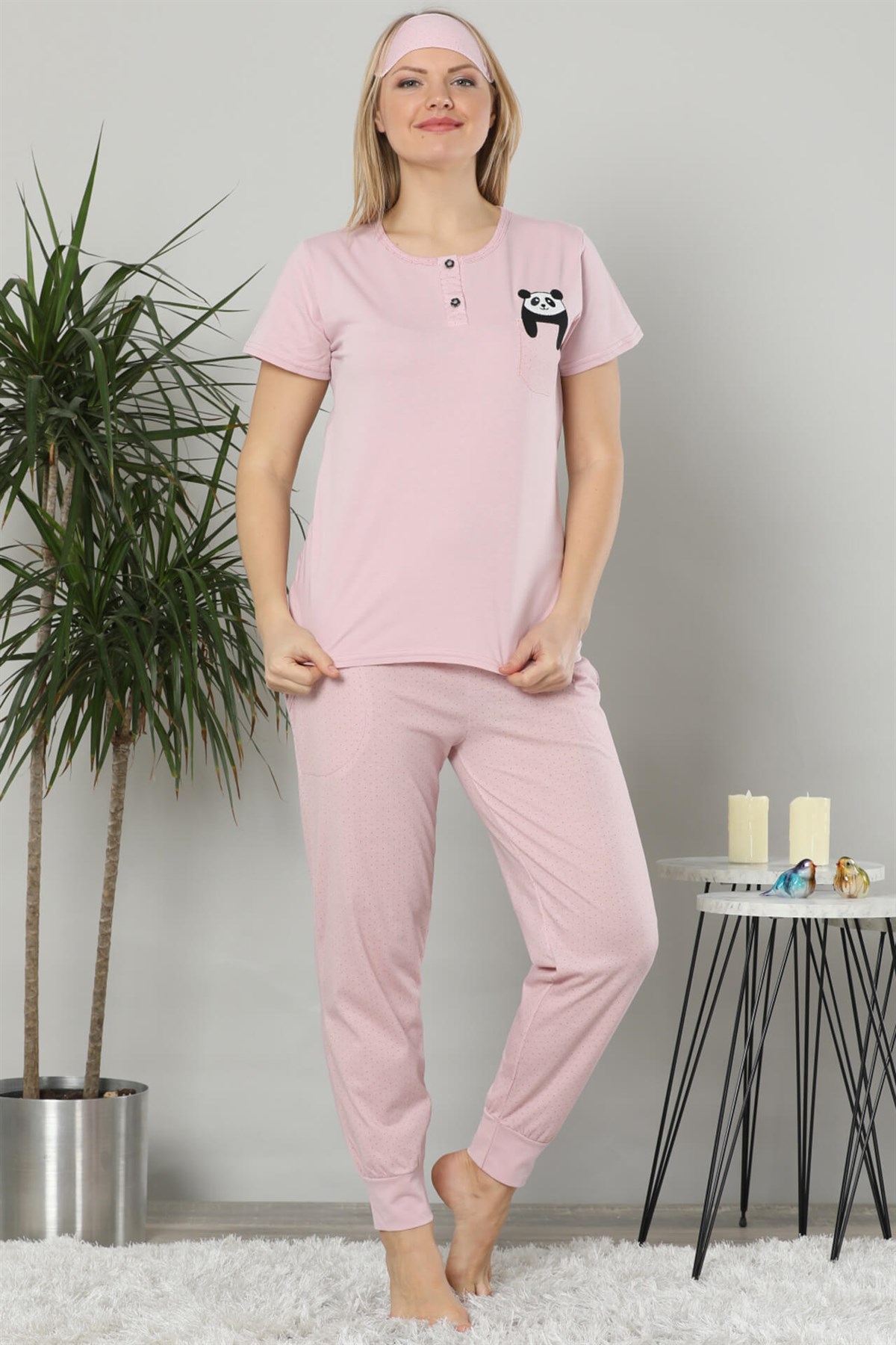 Akbeniz Kadın Pembe Renk Pamuklu Cepli Kısa Kol Ribana Paça Pijama Takım 2504