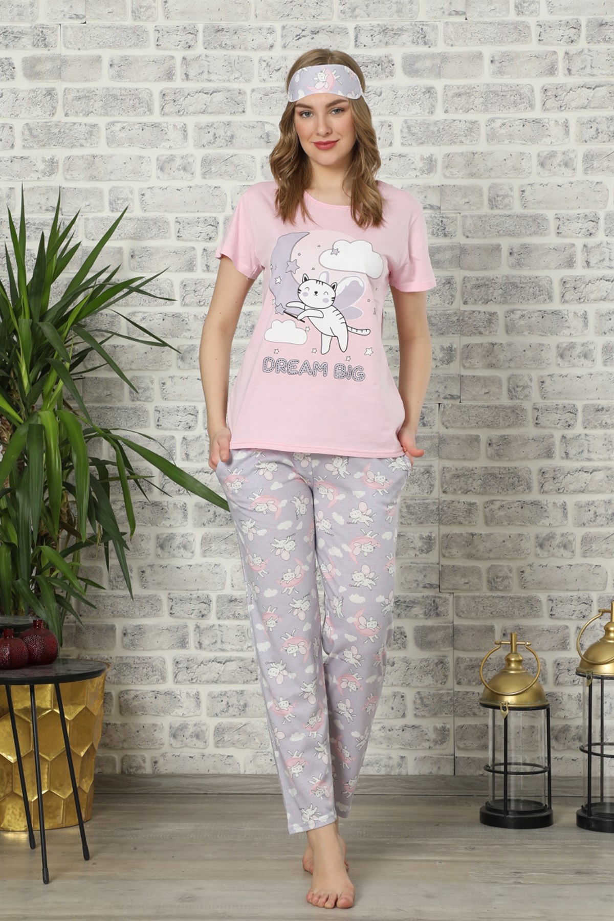Akbeniz Kadın Pembe Renk Pamuklu Cepli Kısa Kol Pijama Takım 2517