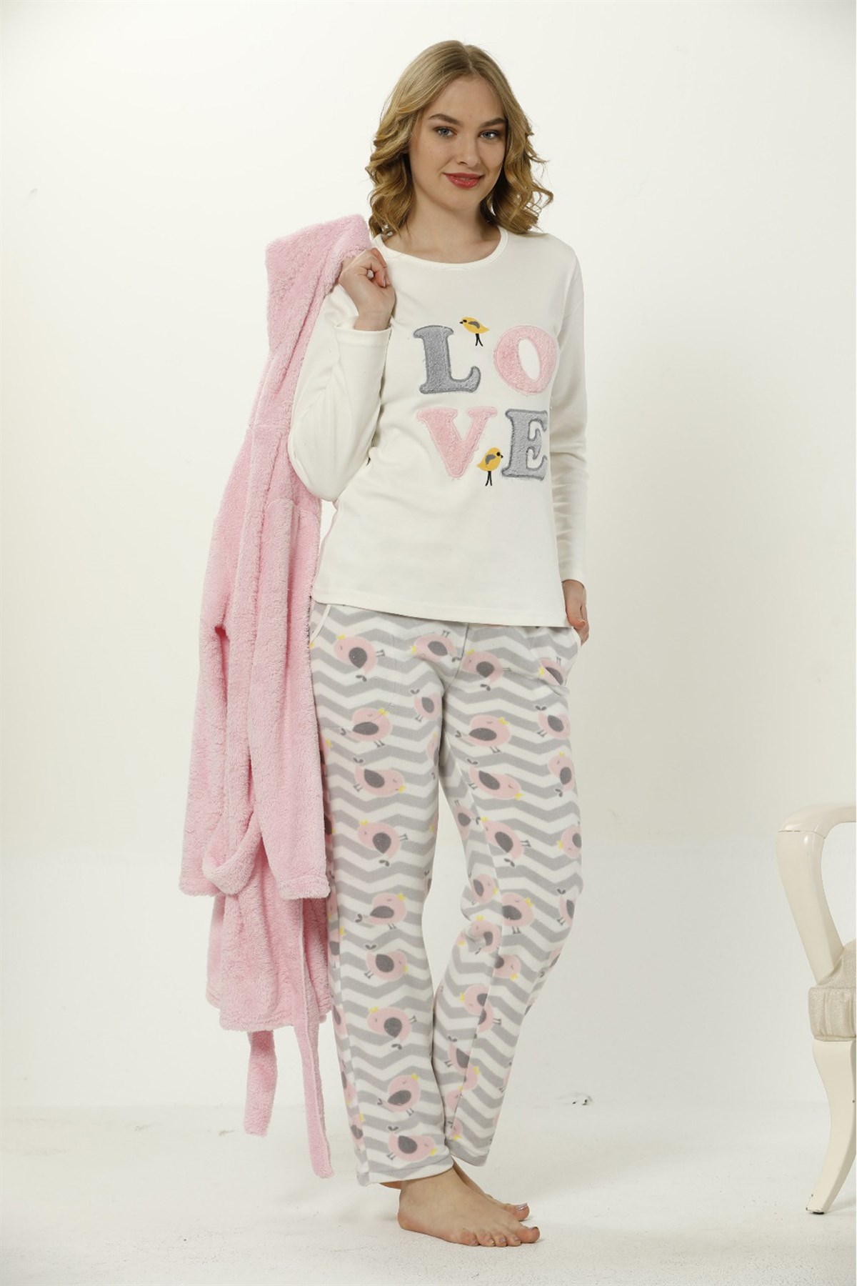 Akbeniz Kadın Polar Love Yazılı Pembe 3'lü Pijma Takımı 8062