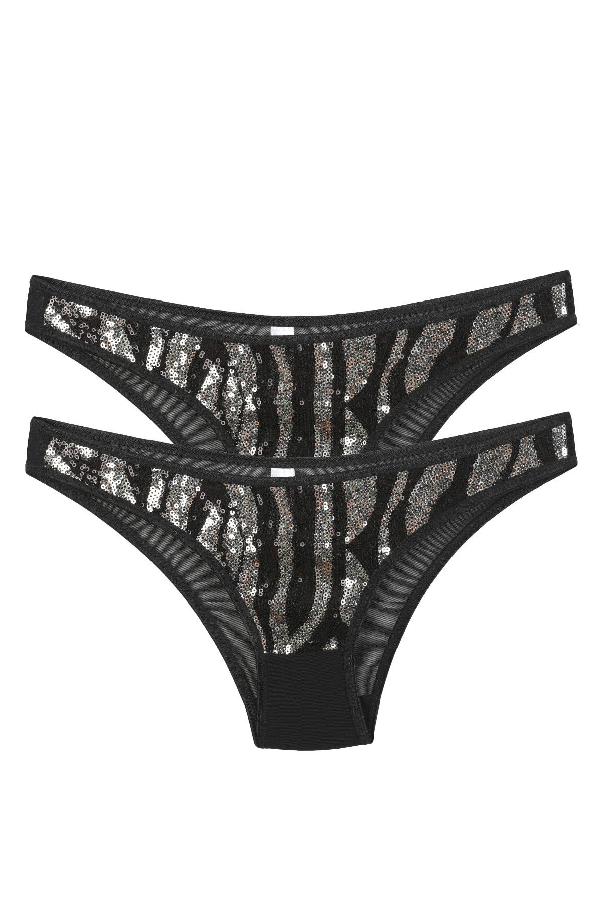 Akbeniz Kadın Siyah Zebra Desenli Payetli 2’li Slip