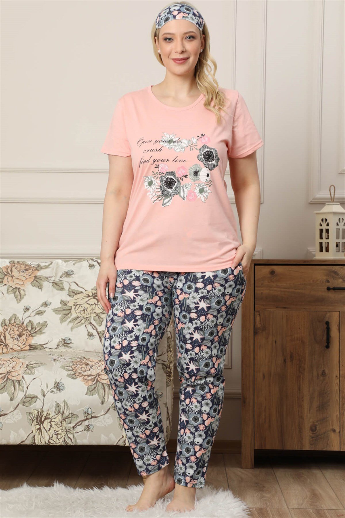 Akbeniz Kadın Somon  Pamuklu Cepli Kısa Kol Büyük Beden Pijama Takım 202034