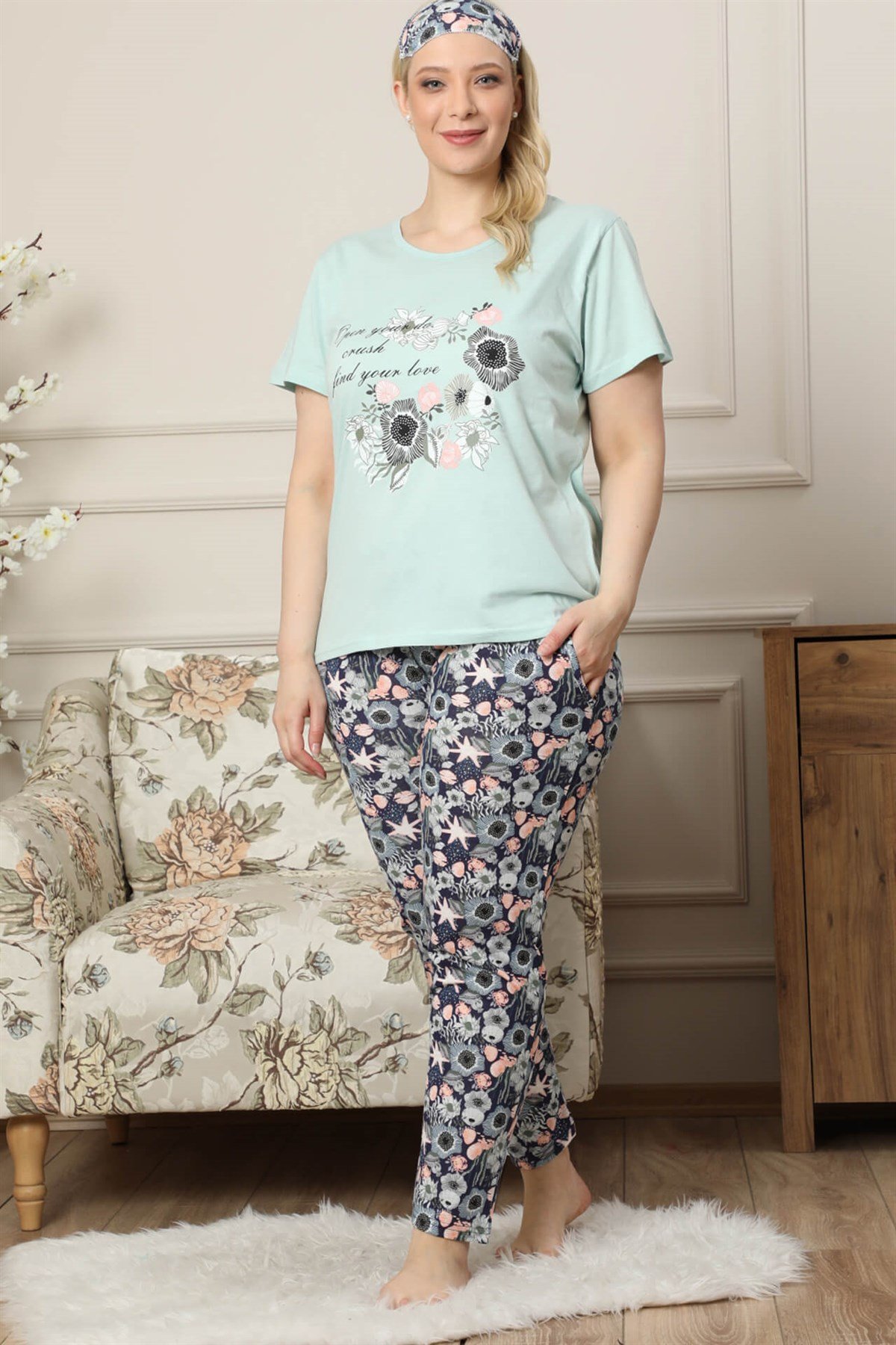 Akbeniz Kadın Su Yeşili Pamuklu Cepli Kısa Kol Büyük Beden Pijama Takım 202033