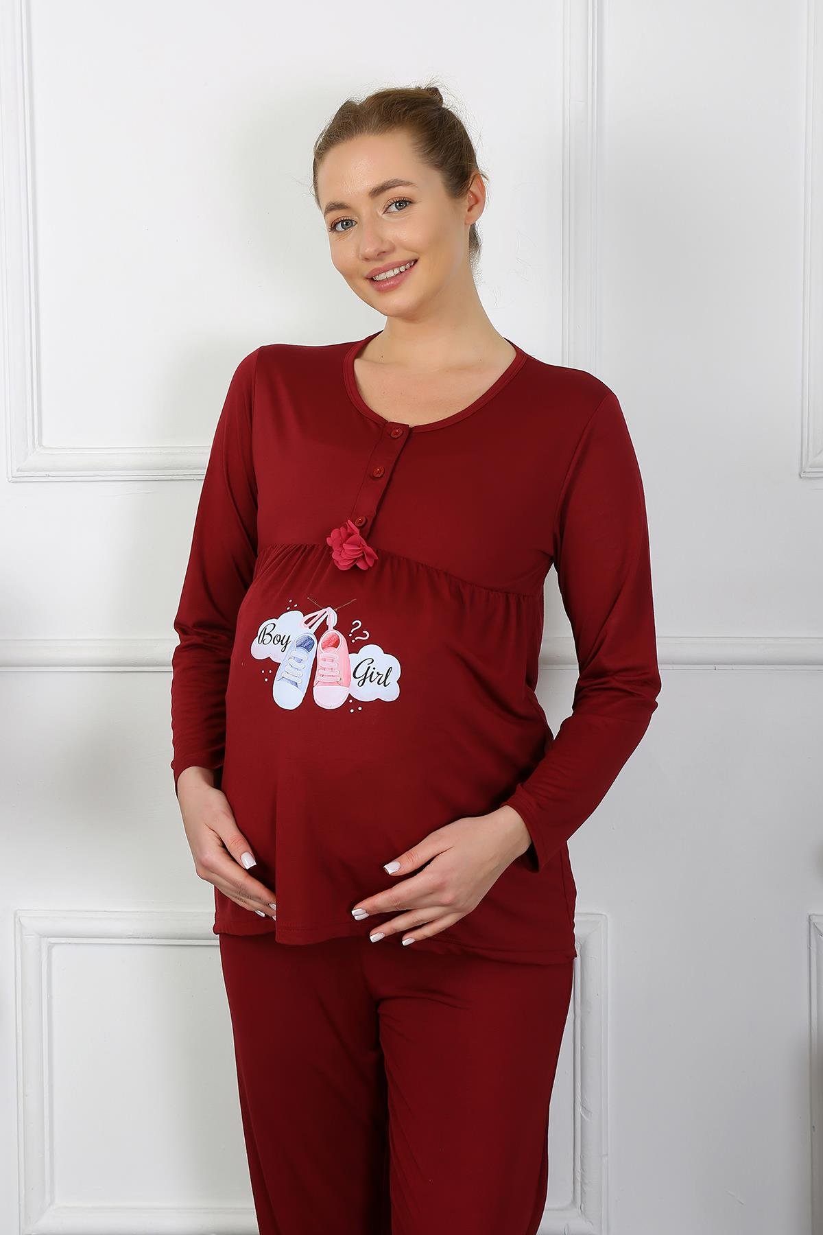 Akbeniz Kadın Uzun Kol Hamile Lohusa Pijama Takımı Bordo 45501