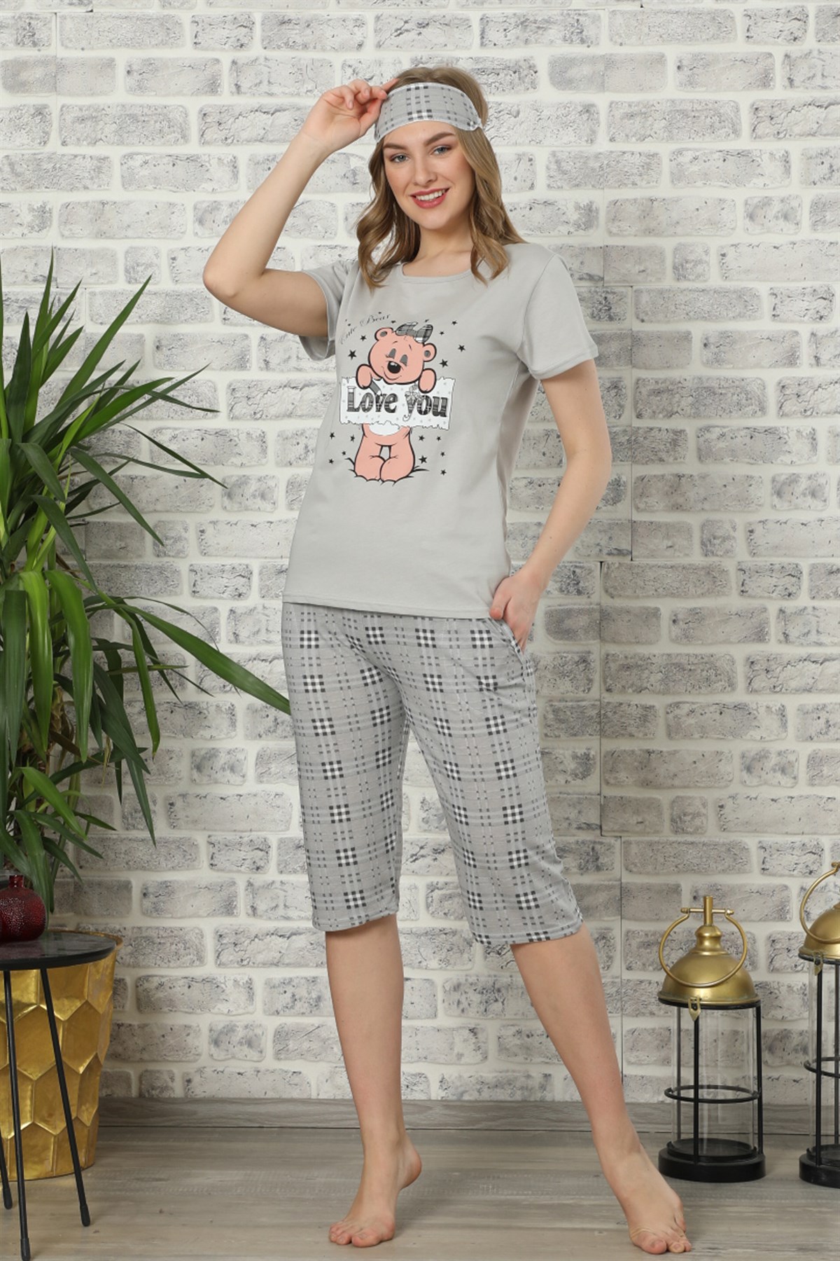 Akbeniz Kadın Vizon Pamuklu Cepli Kapri Pijama Takım 3501