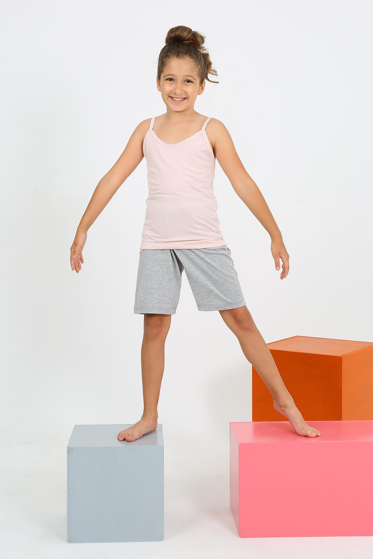 Akbeniz Kız Çocuk İp Askılı Şortlu Pembe Pijama Takım 20430