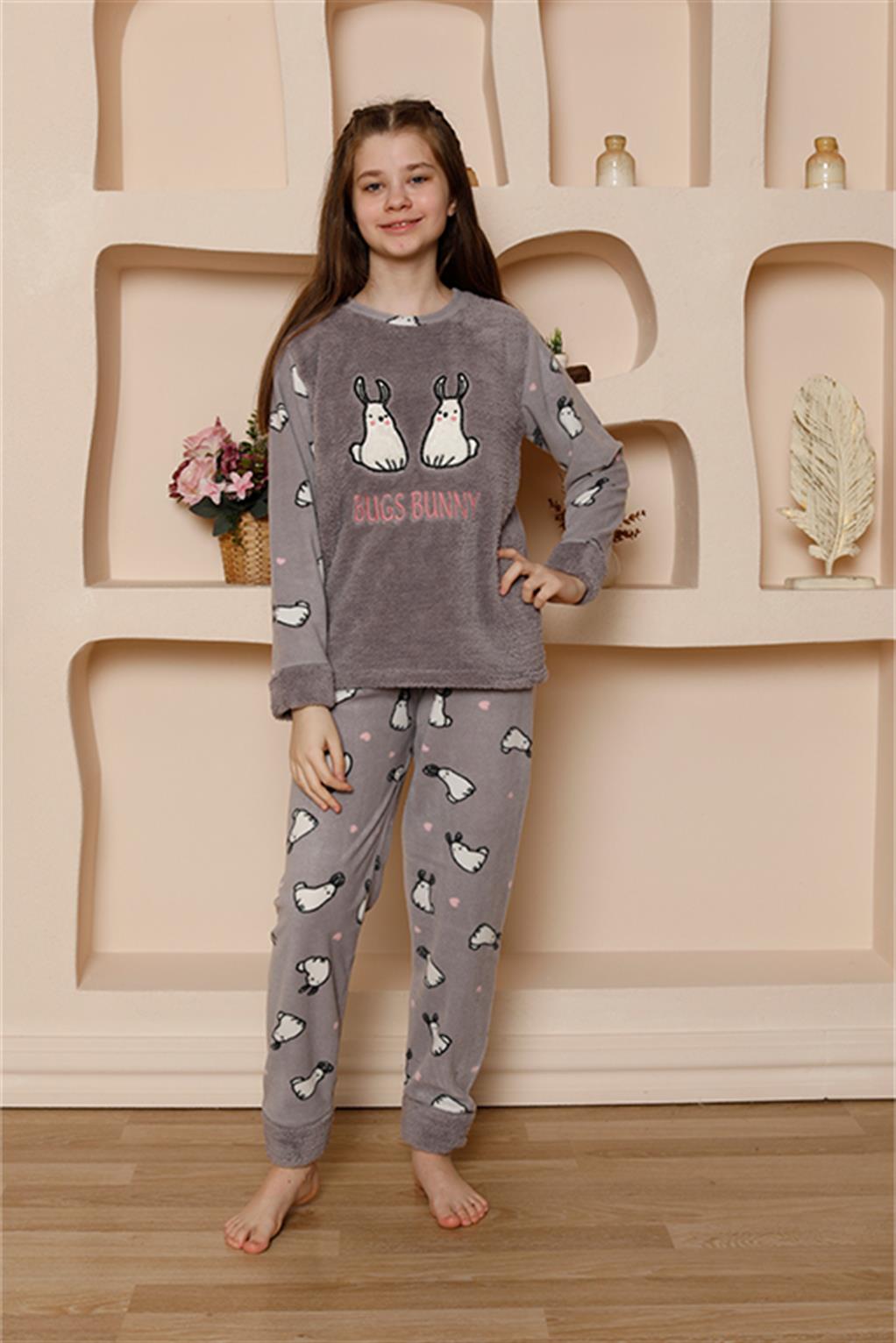 Akbeniz Kız Çocuk WelSoft Polar Gri Pijama Takımı 20524