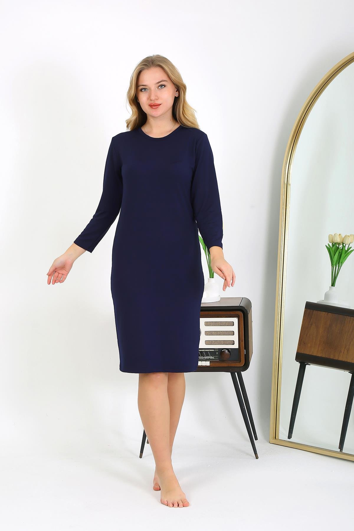 Akbeniz Pamuk Ev Elbisesi Tunik Gecelik Lacivert 13132