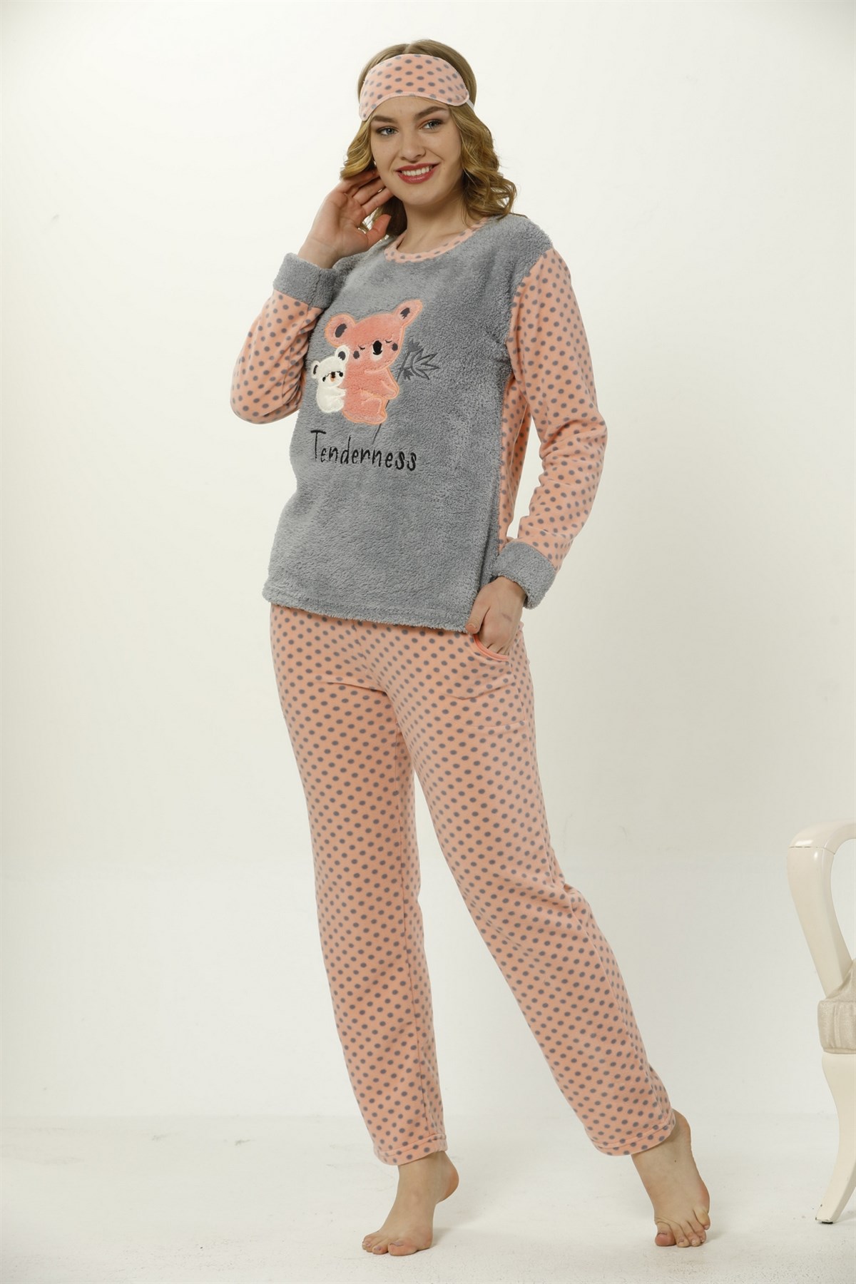 Akbeniz Kadın Kuala Desenli Gri Pudra Polar Pijama Takımı 8043