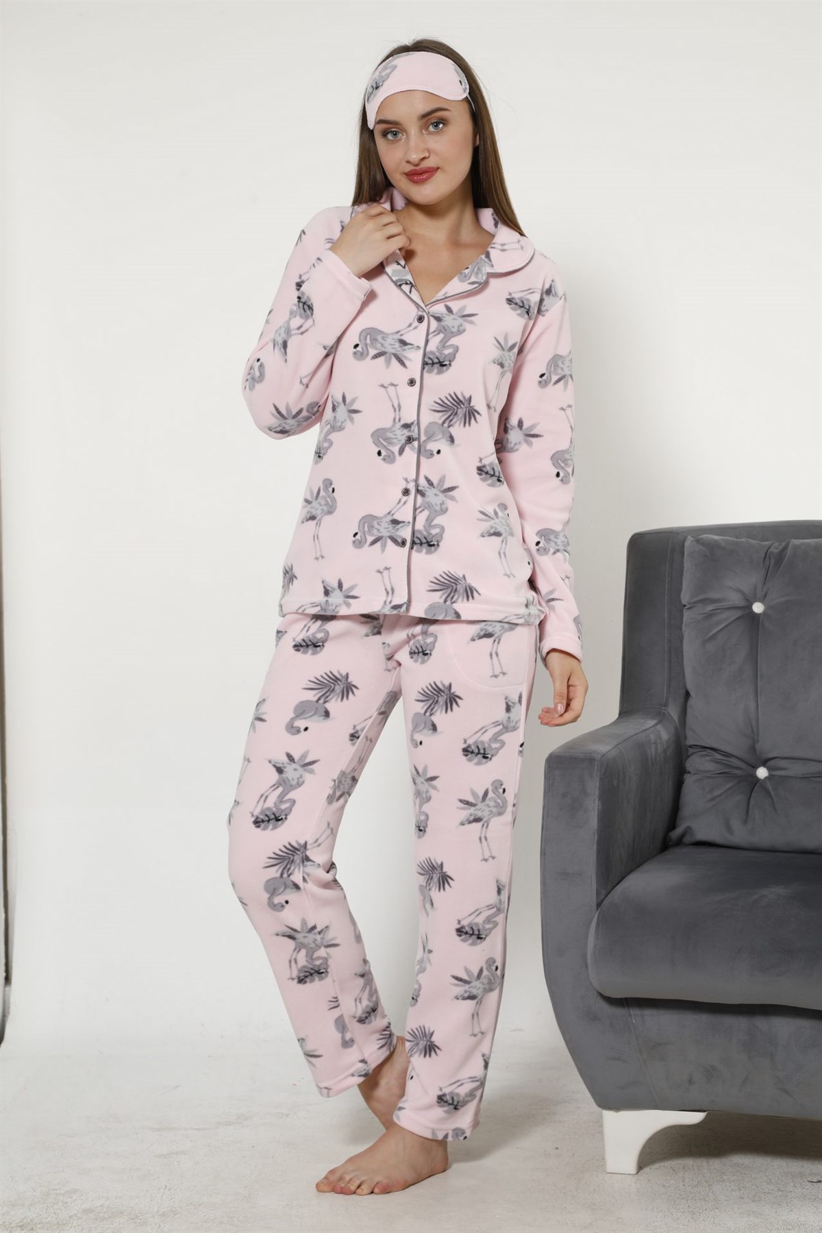 Akbeniz Kadın Önden Düğmeli Pembe Polar Pijama Takımı 8048