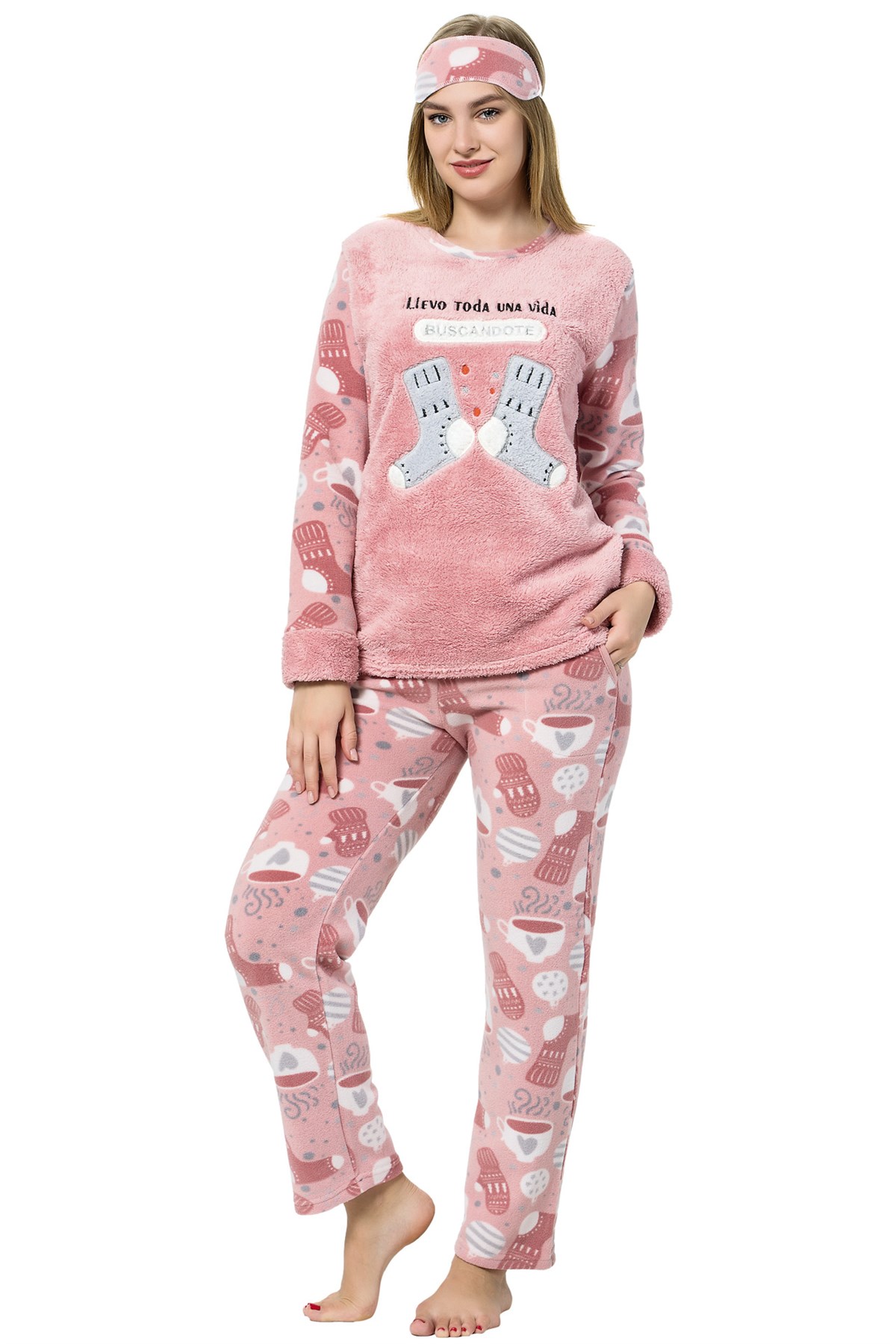 Akbeniz Kadın Patik Desenli Vizon Polar Pijama Takımı 8052